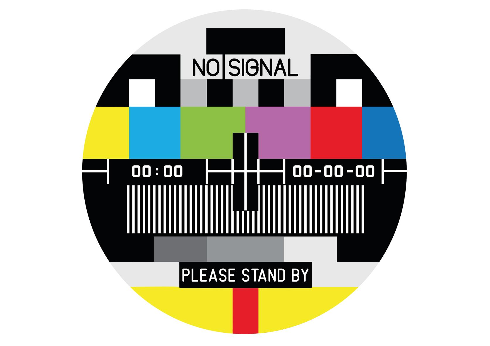 Renk çubukları ve "NO SIGNAL" ile "PLEASE STAND BY" yazıları içeren dairesel bir TV test görüntüsü.