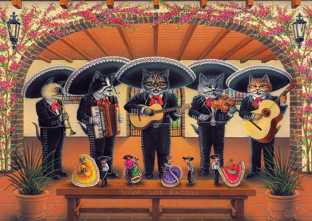 Çiçekli kemer altında mariachi kıyafetli beş kedi enstrüman çalıyor, masada ise küçük fareler dans ediyor.