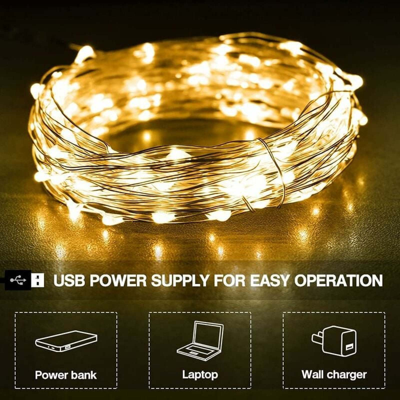 Aufgerollte Lichterkette mit warmen LED-Lichtern und USB-Stromversorgungsoptionen.