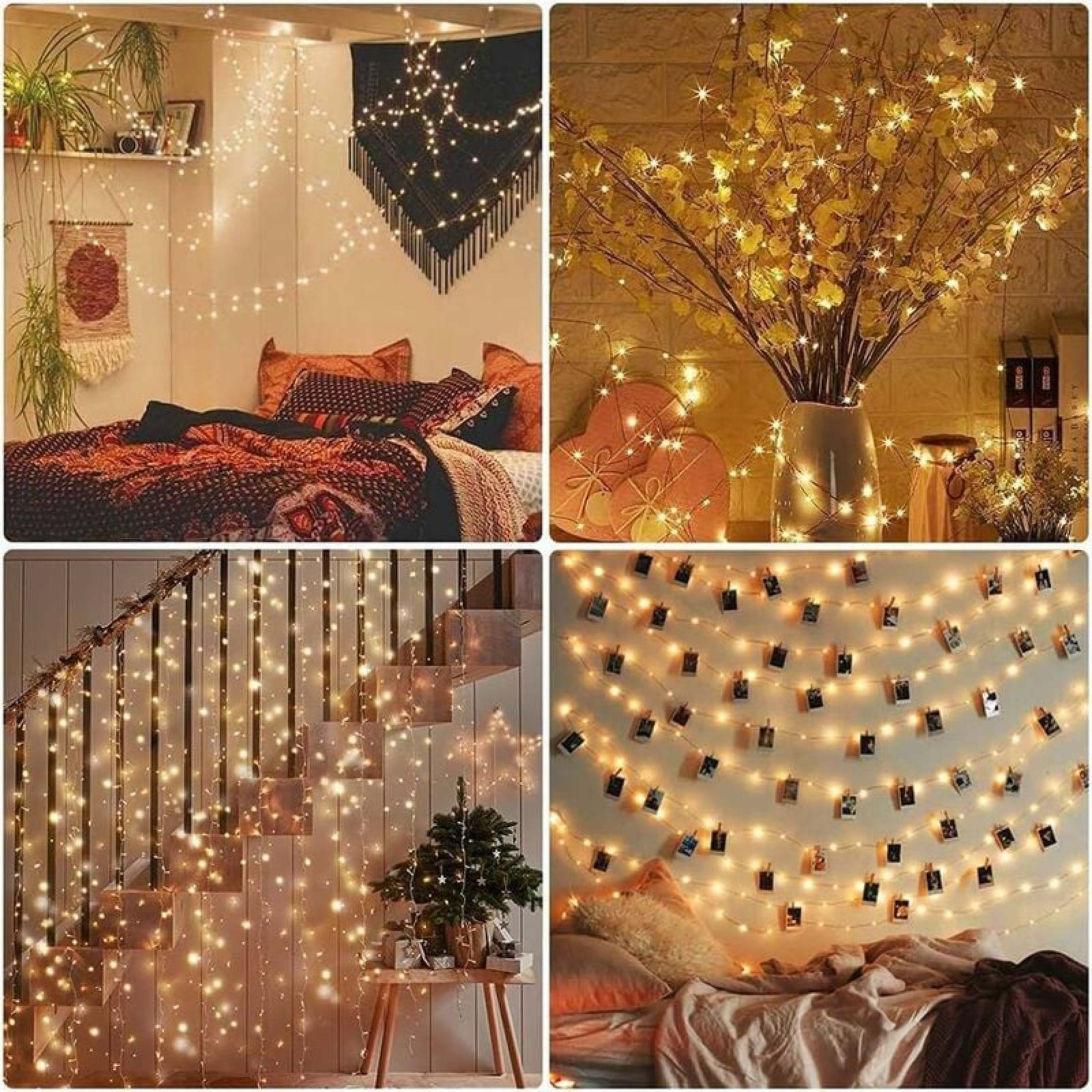 Vier Bilder mit warmen, leuchtenden Lichterketten in verschiedenen Räumen: Schlafzimmer, Blumenstrauß, Treppe und Fotowand.