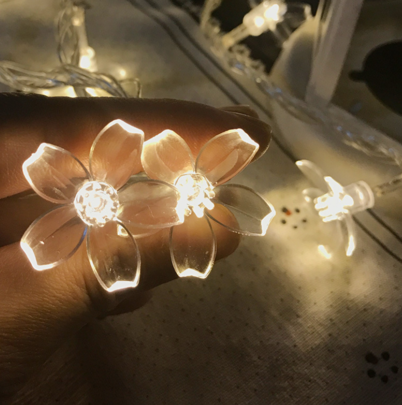 Beleuchtete blumenförmige Lichterketten in einer Hand, mit weiteren Lichtern im Hintergrund.