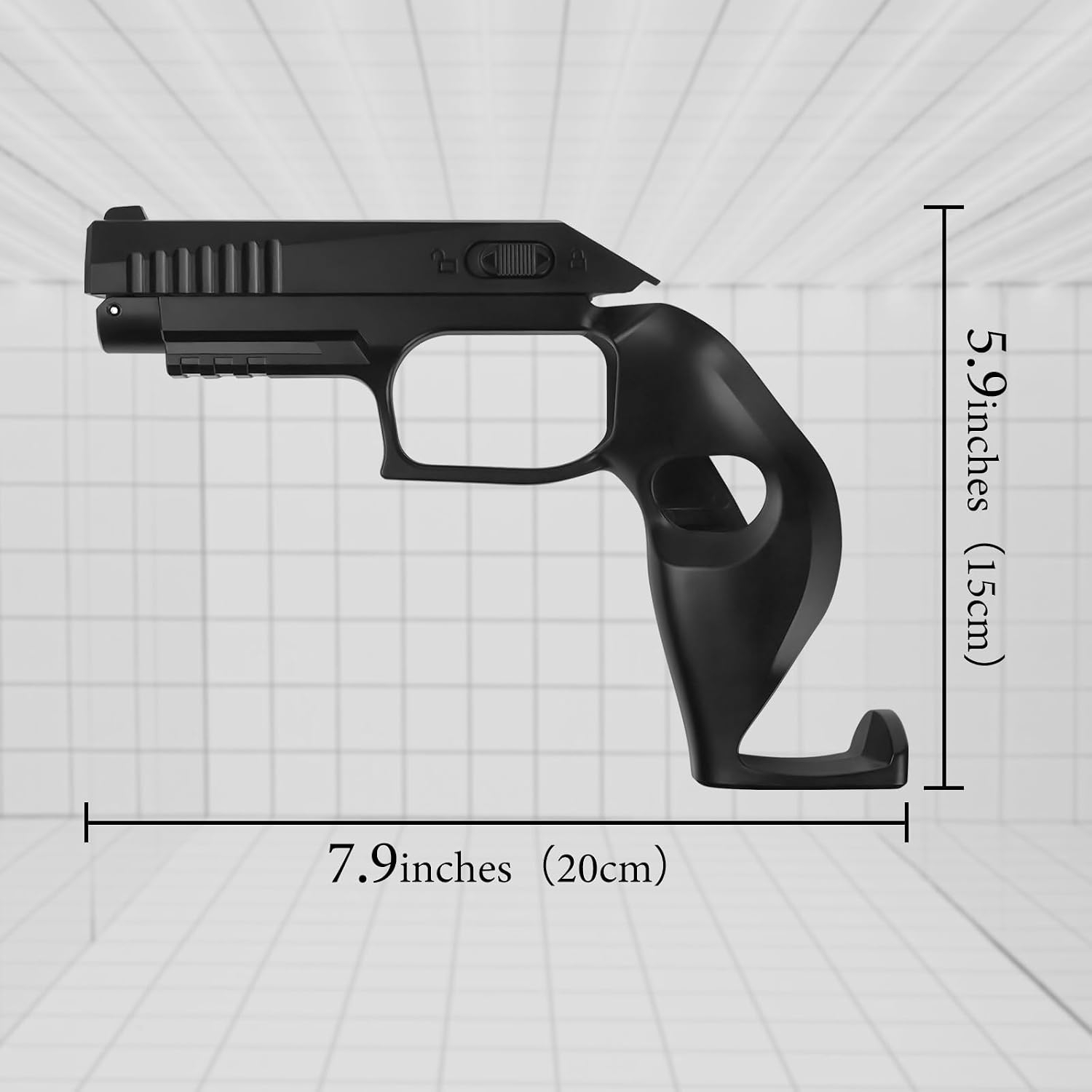 Schwarze Pistole mit Maßen: 7.9 Zoll breit und 5.9 Zoll hoch.