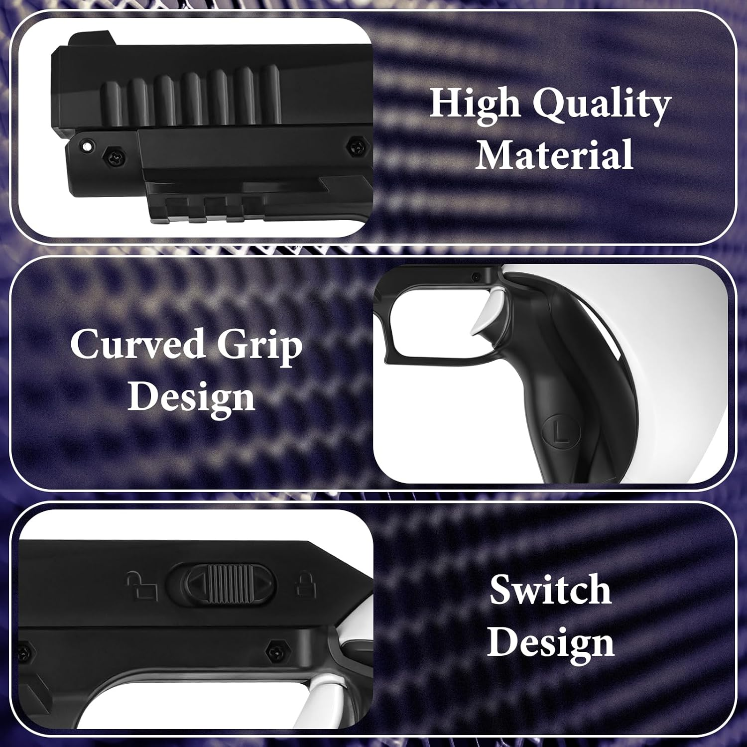 Drei Felder zeigen hochwertiges Material, geschwungenes Griffdesign und Schalterdesign eines schwarzen Geräts.