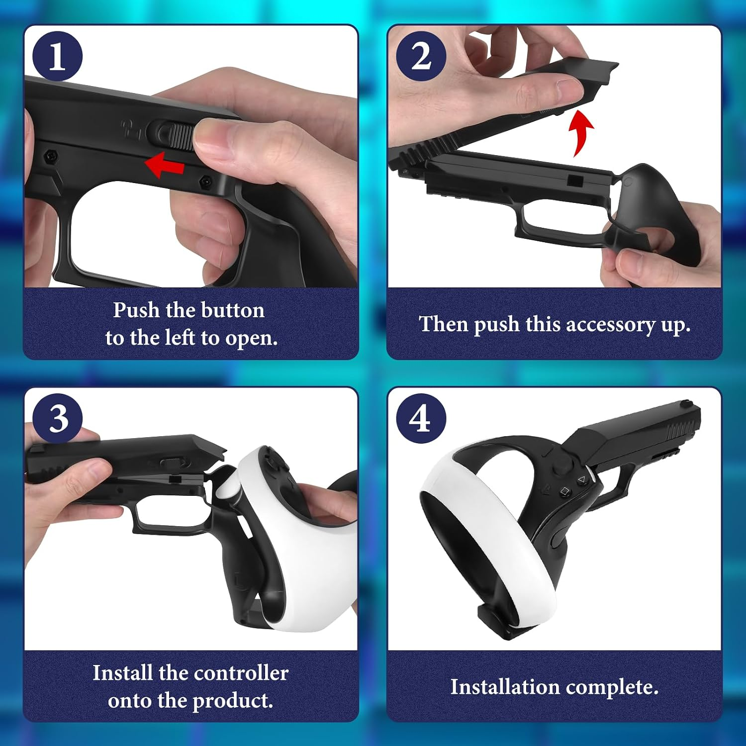 Vier schrittweise Anleitungsbilder zur Montage eines VR-Controllers in ein pistolenförmiges Zubehör.