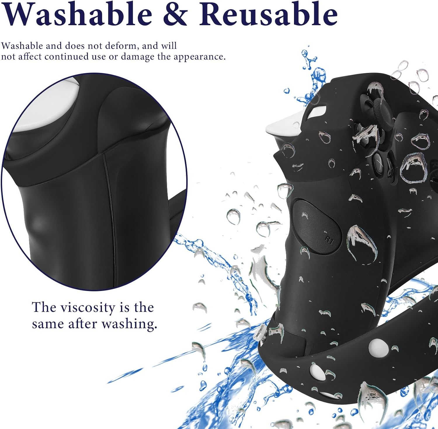Ein schwarzer VR-Controller im Wasser mit Text, der die Waschbarkeit betont.