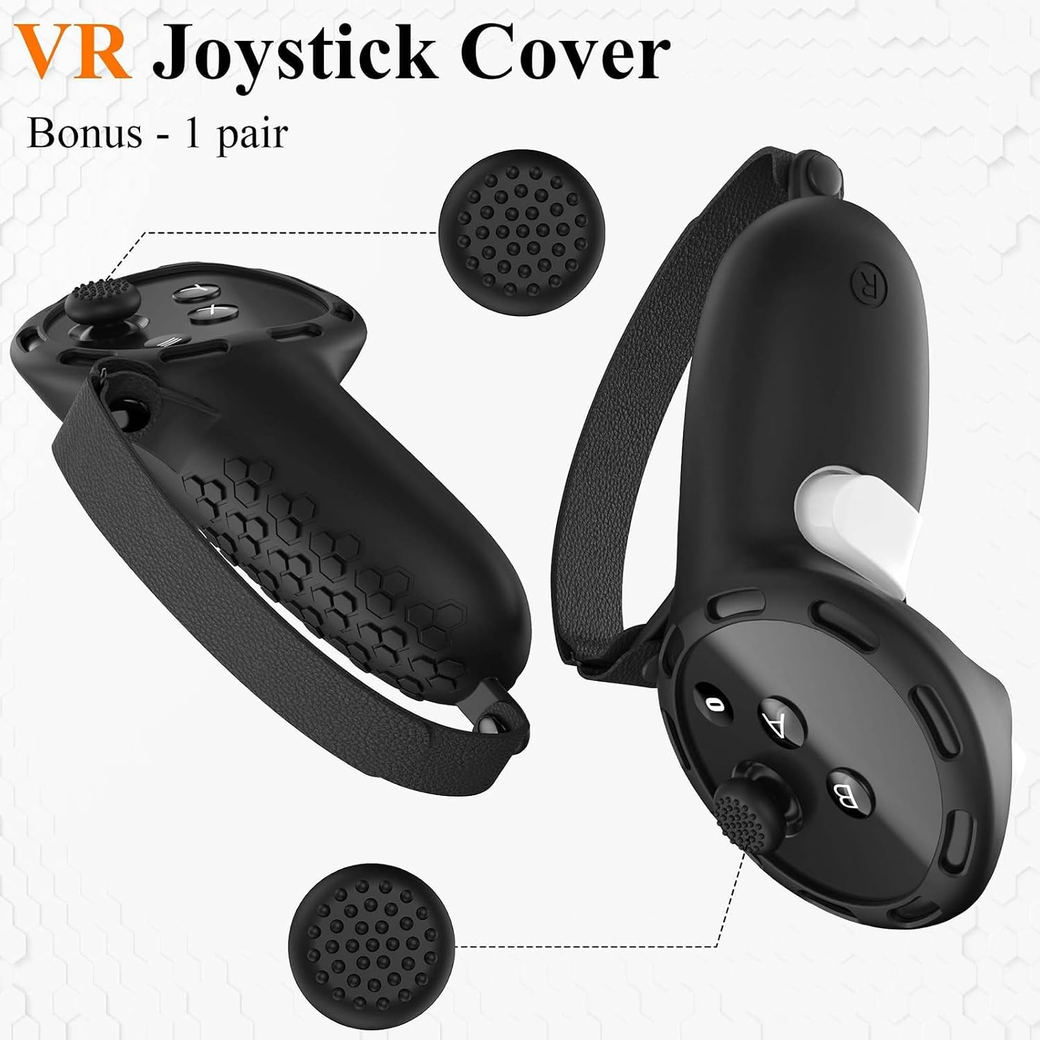 Schwarze Silikon-VR-Controller-Hüllen mit Riemen und Knopfabdeckungen gegen Text und hellem Hintergrund.