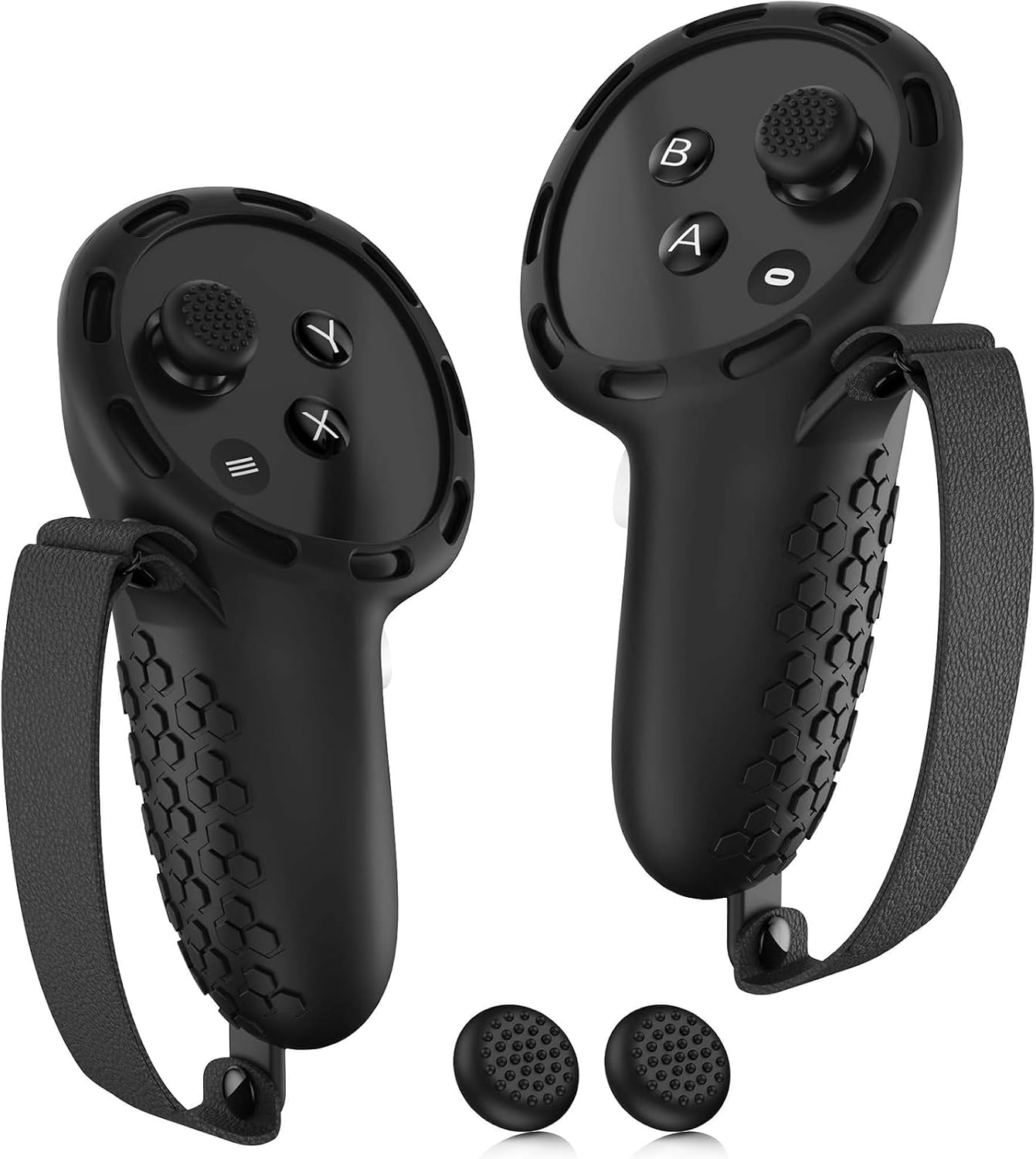 Zwei schwarze VR-Controller mit strukturierten Griffen, Schlaufen und zwei Daumenstick-Kappen.