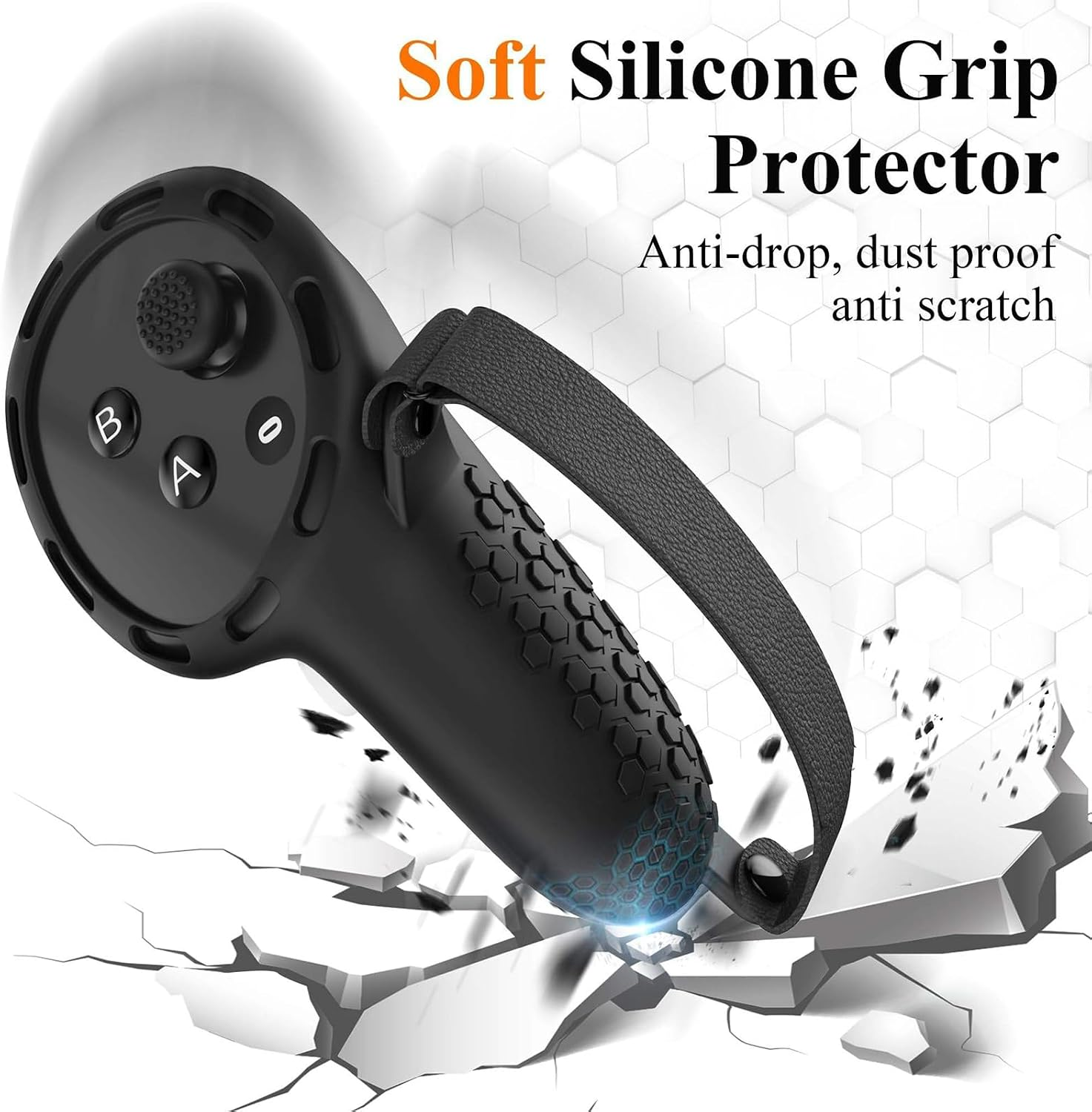 Schwarze Silikongriffschutzhülle für VR-Controller mit Riemen über rissigem Boden.