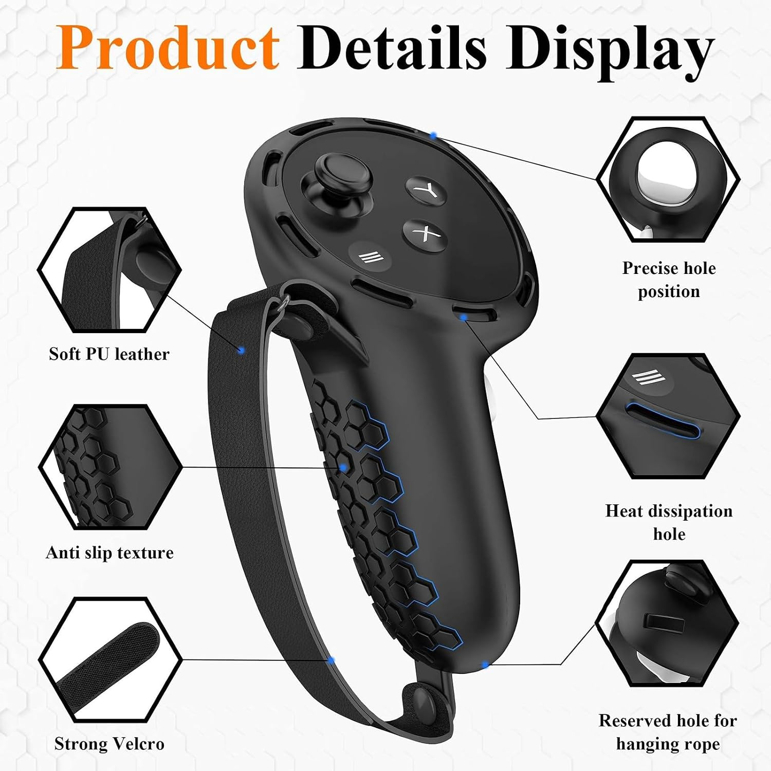 Produkt-Detailanzeige für VR-Controller mit Schutzhülle und Riemen, die verschiedene Merkmale zeigt.