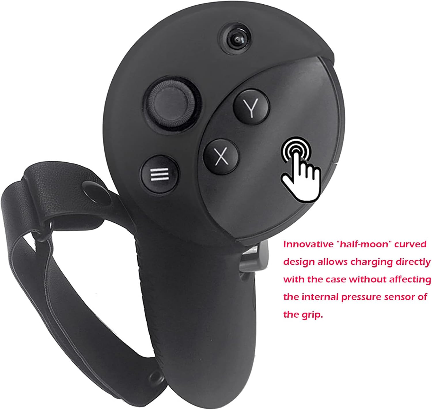 Schwarzer VR-Controller mit Schutzhülle, Tasten und Handschlaufe, mit erklärendem Text.