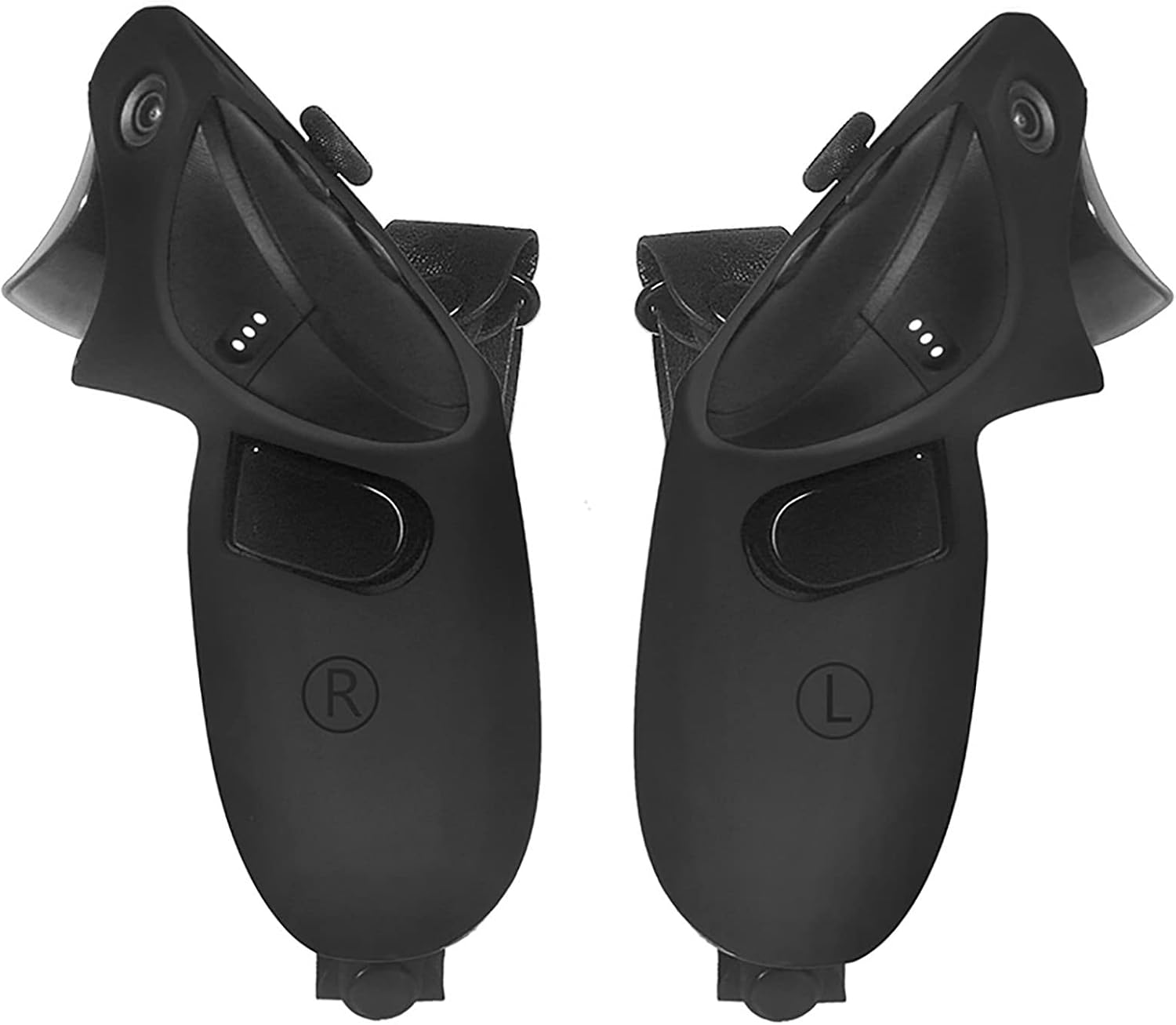 Zwei schwarze VR-Controller mit R- und L-Markierungen auf weißem Hintergrund.