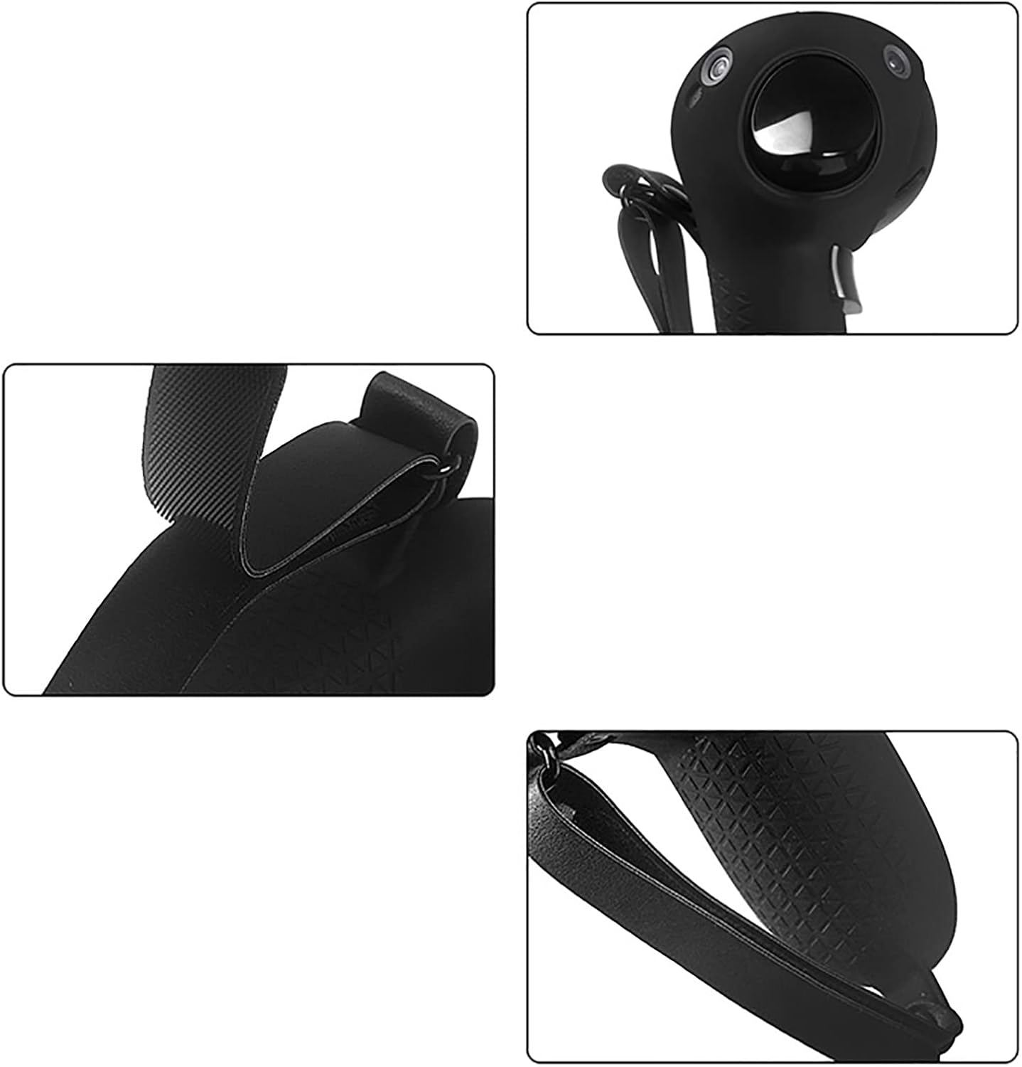 Drei Nahaufnahmen in Schwarzweiß zeigen einen schwarzen VR-Controller in einer Schutzhülle mit Handschlaufe.