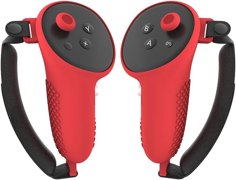 Zwei rote VR-Controller mit schwarzen Griffen und Tasten auf weißem Hintergrund.