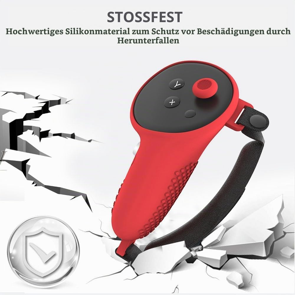 Ein roter Silikon-Controller-Schutz auf weißem Hintergrund mit Rissen und einem Schutzsymbol.