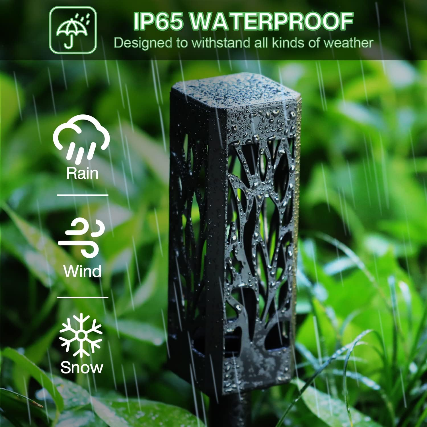 Wasserdichte Gartenleuchte im Regen, mit Symbolen für Regen, Wind und Schnee.