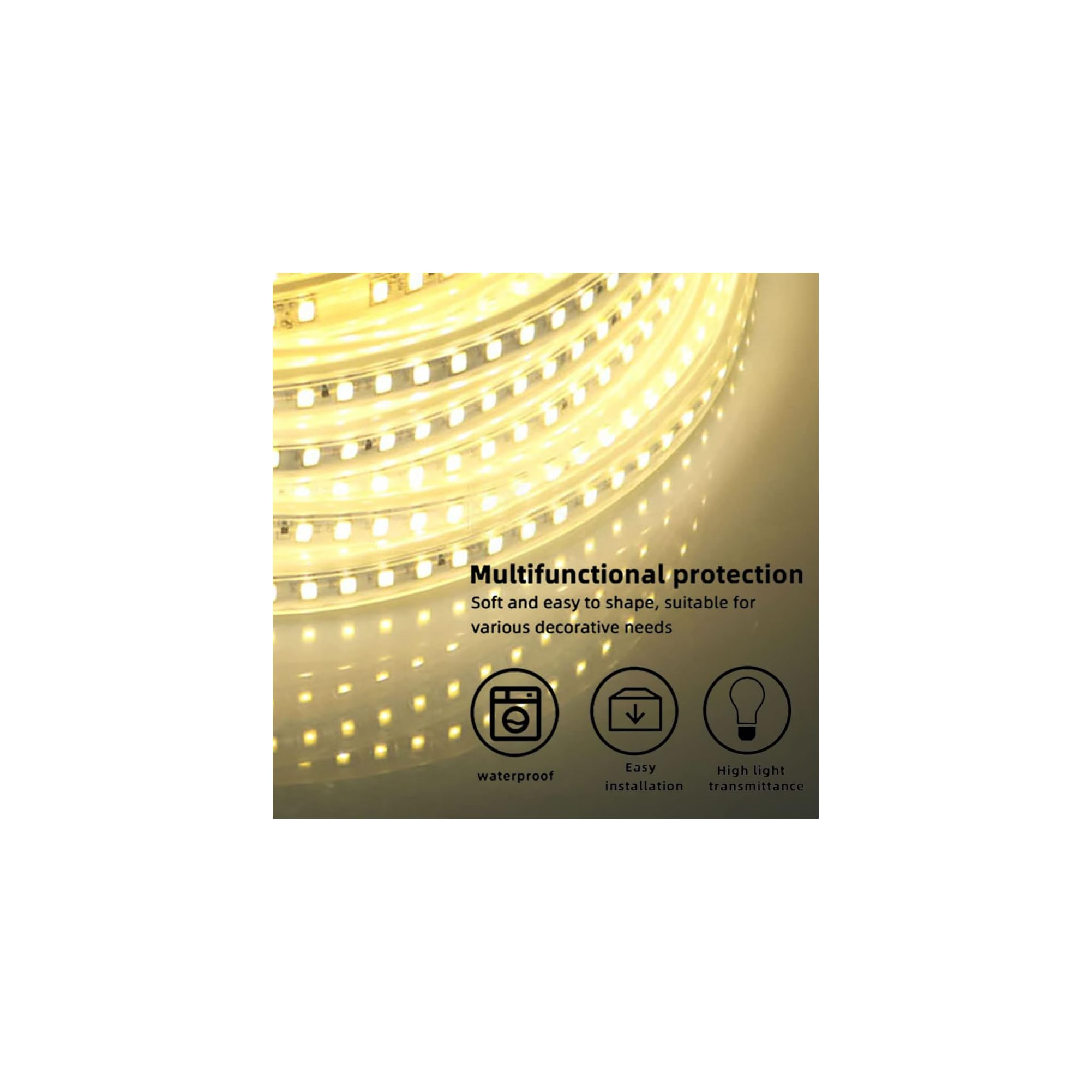 Wasserdichter LED-Streifen mit weichem Licht, Symbolen für einfache Installation und hoher Lichtdurchlässigkeit.