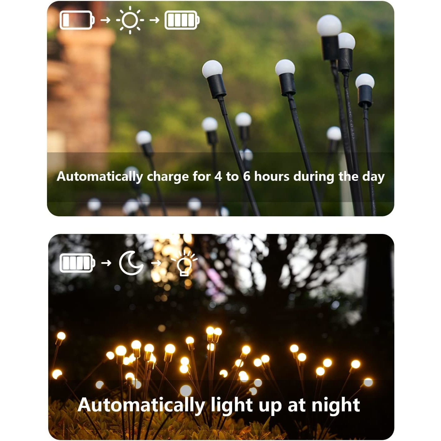 Solar-Glühwürmchen-Gartenleuchten laden tagsüber und leuchten nachts automatisch über Grünanlagen.