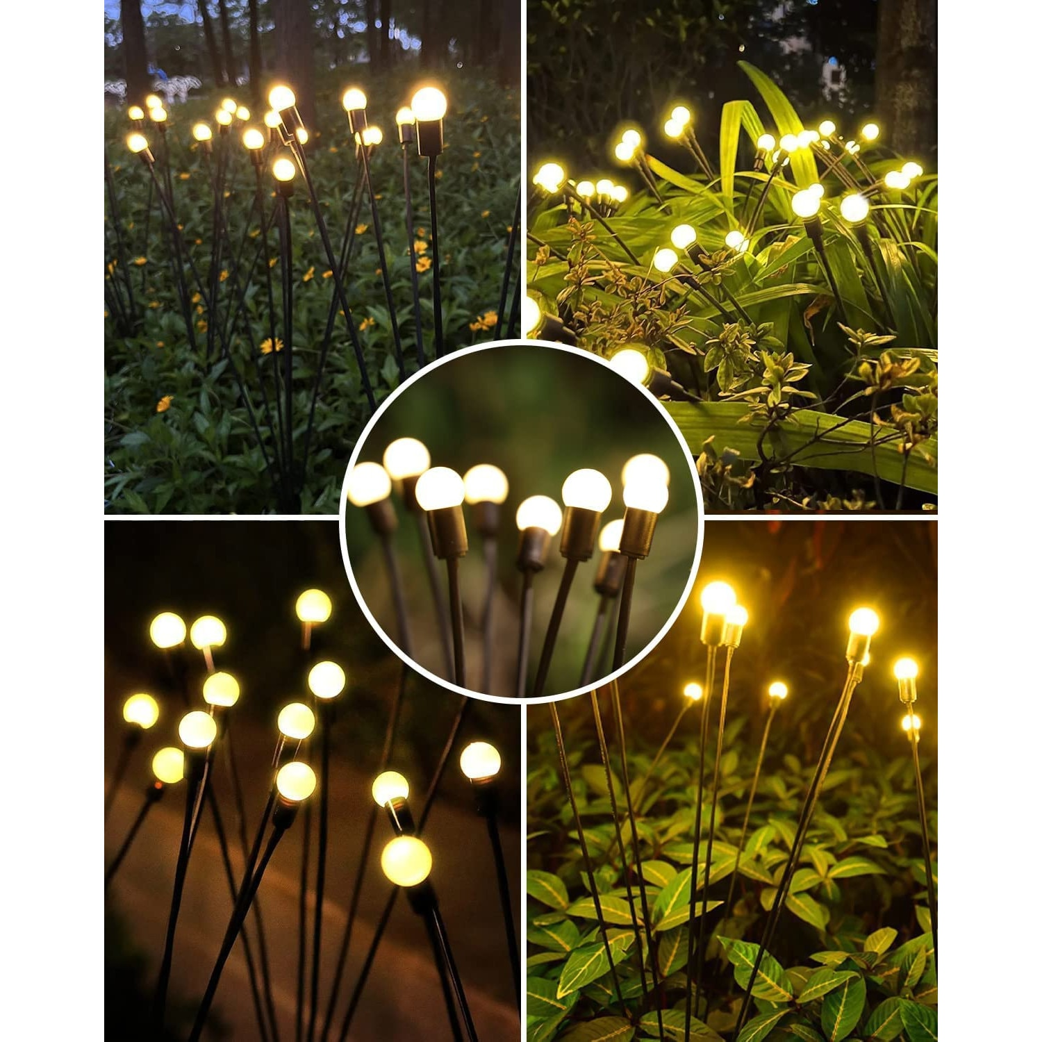 Solar-Gartenlichter leuchten gelb im grünen Garten.