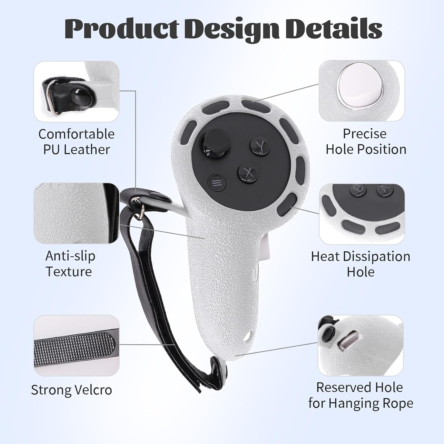 Produktdesigner-Details eines grauen VR-Controllers mit Schutzhülle, Riemen und verschiedenen Ausschnitten.