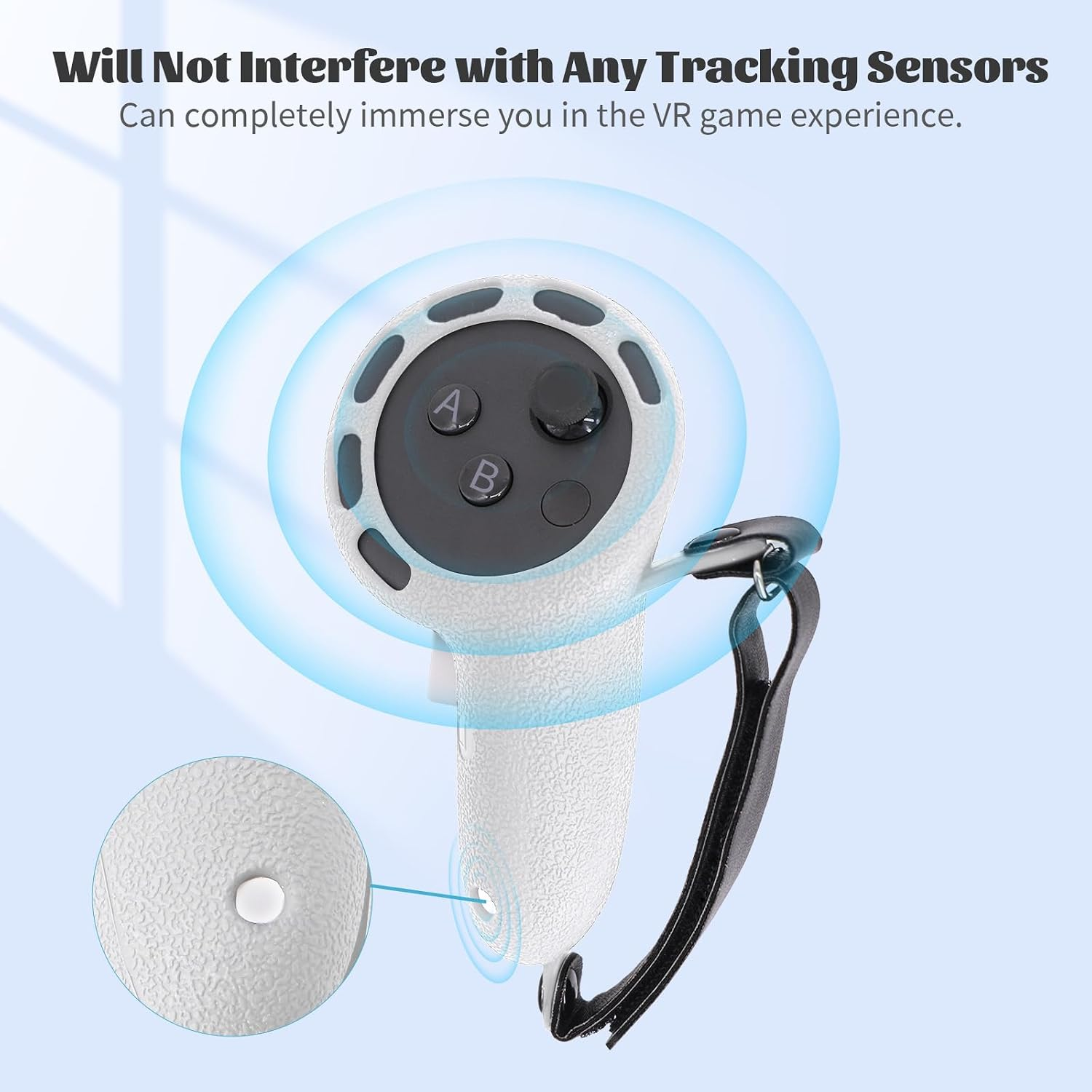 Ein weißer VR-Controller mit A/B-Tasten, Joystick und einer schwarzen Handschlaufe auf hellem Hintergrund.