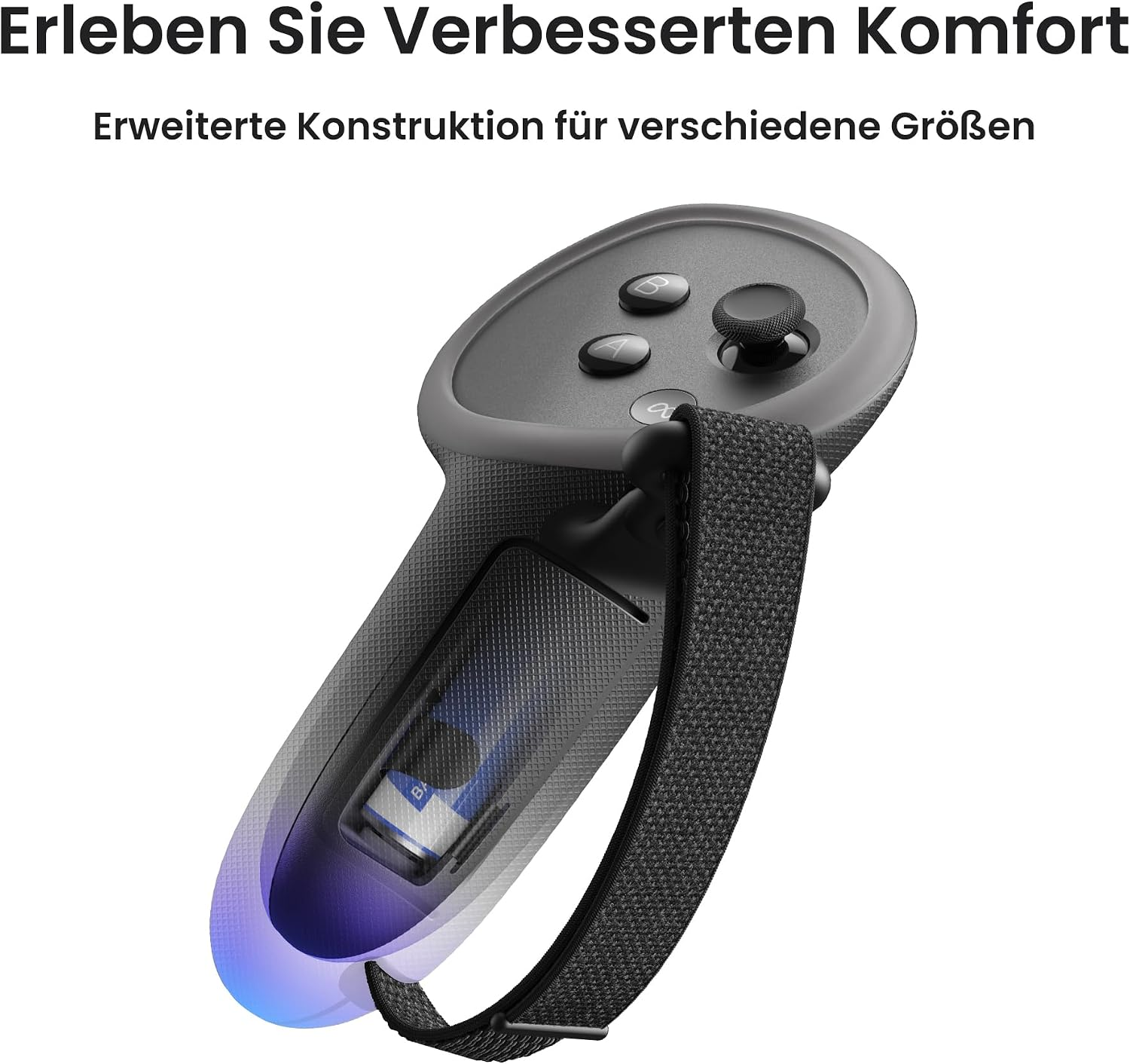 Ein schwarzer VR-Controller mit strukturiertem Griff, Handschlaufe und offenem Batteriefach.