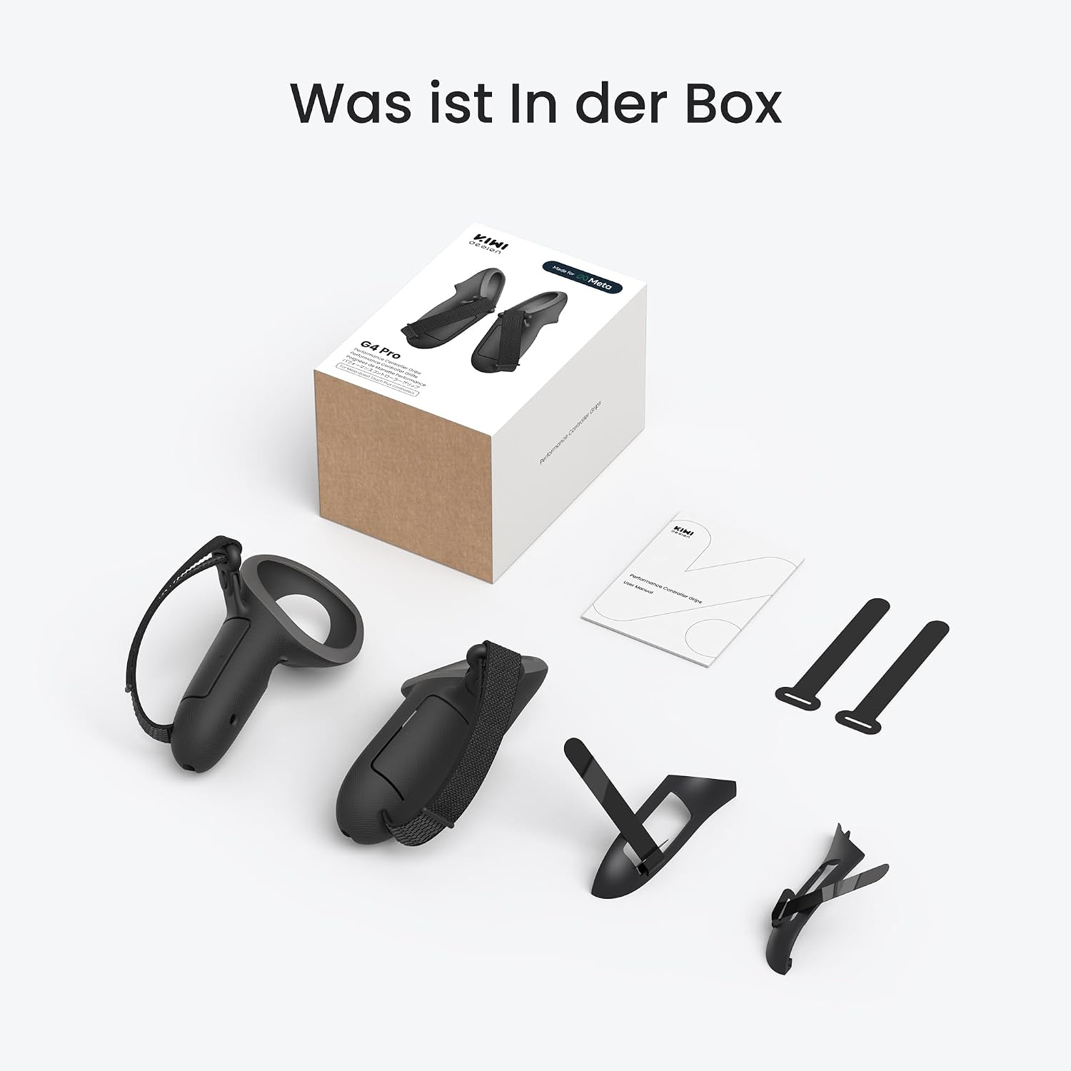Paketinhalt mit VR-Controllern, Box, Handbuch und Zubehörteilen auf weißem Hintergrund.