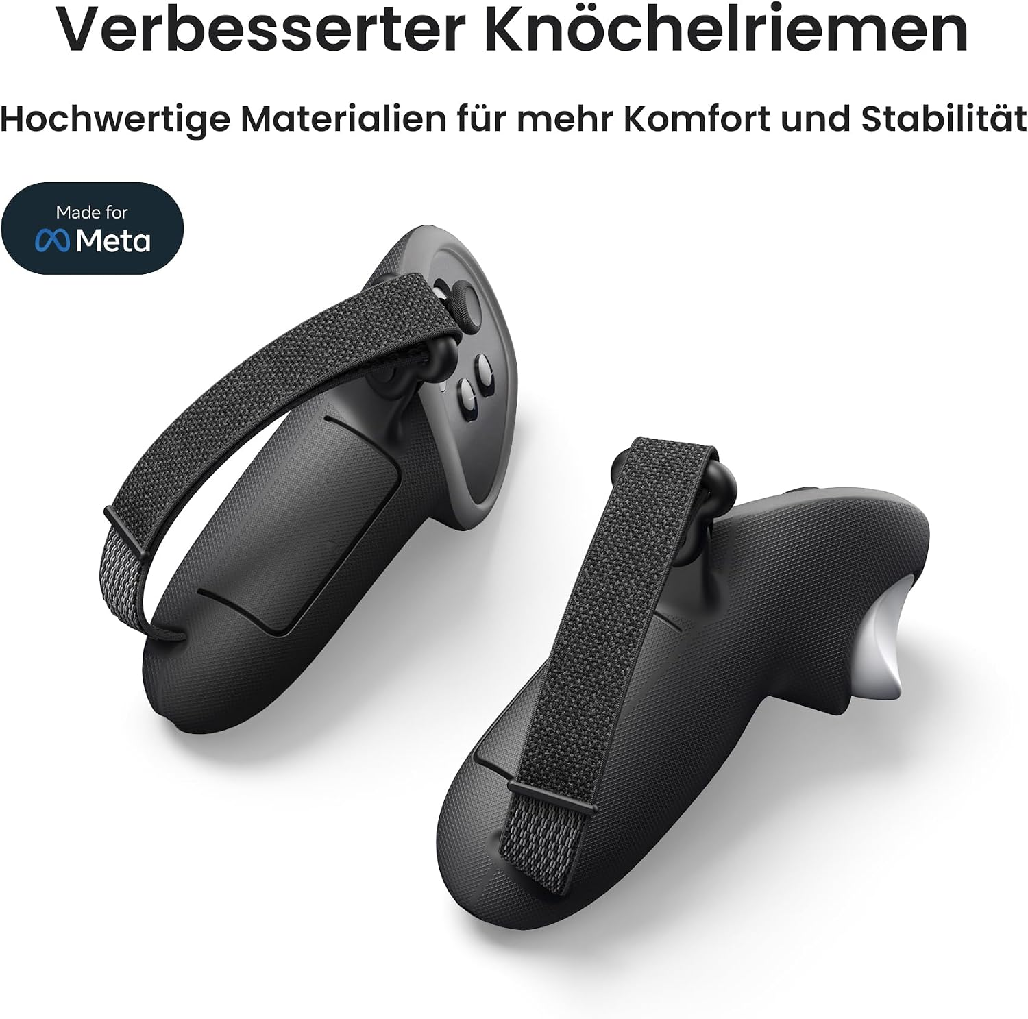 Zwei schwarze VR-Controller mit strukturierten Griffen und verstellbaren Knöchelriemen auf weißem Hintergrund.