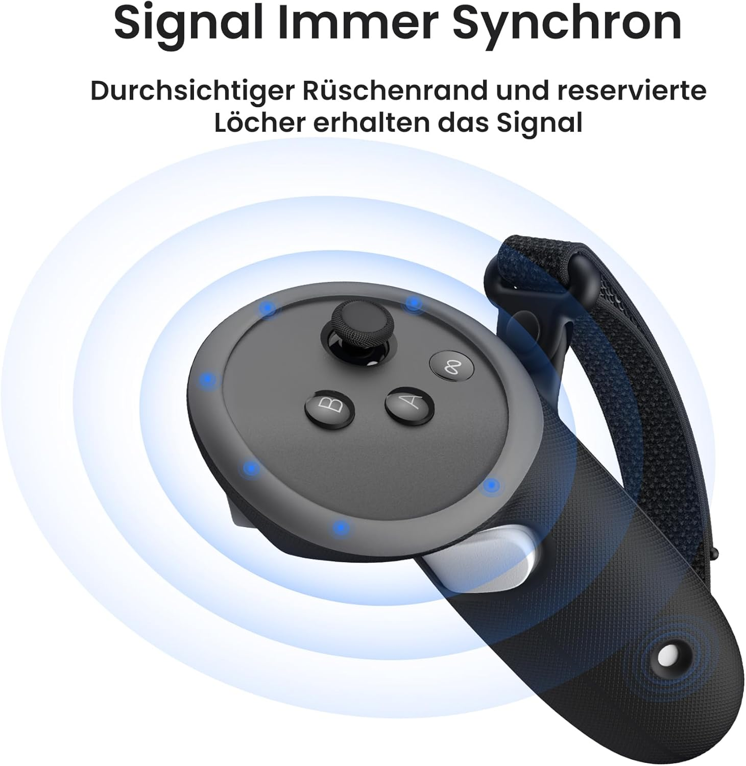 VR-Controller mit schwarzem Griff, Riemen und blauen Signalwellen mit deutschem Text oben.