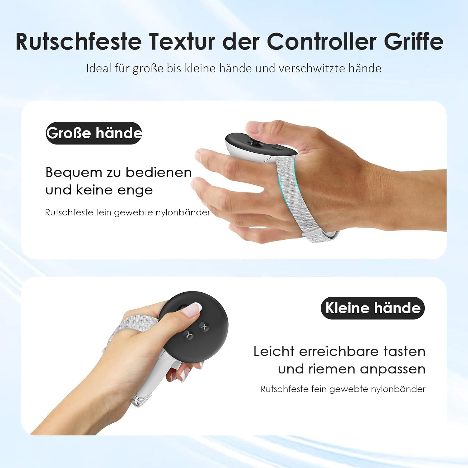 Grafik zeigt VR-Controller-Griffe in Händen, Text beschreibt rutschfeste Textur und Eignung für verschiedene Handgrößen.