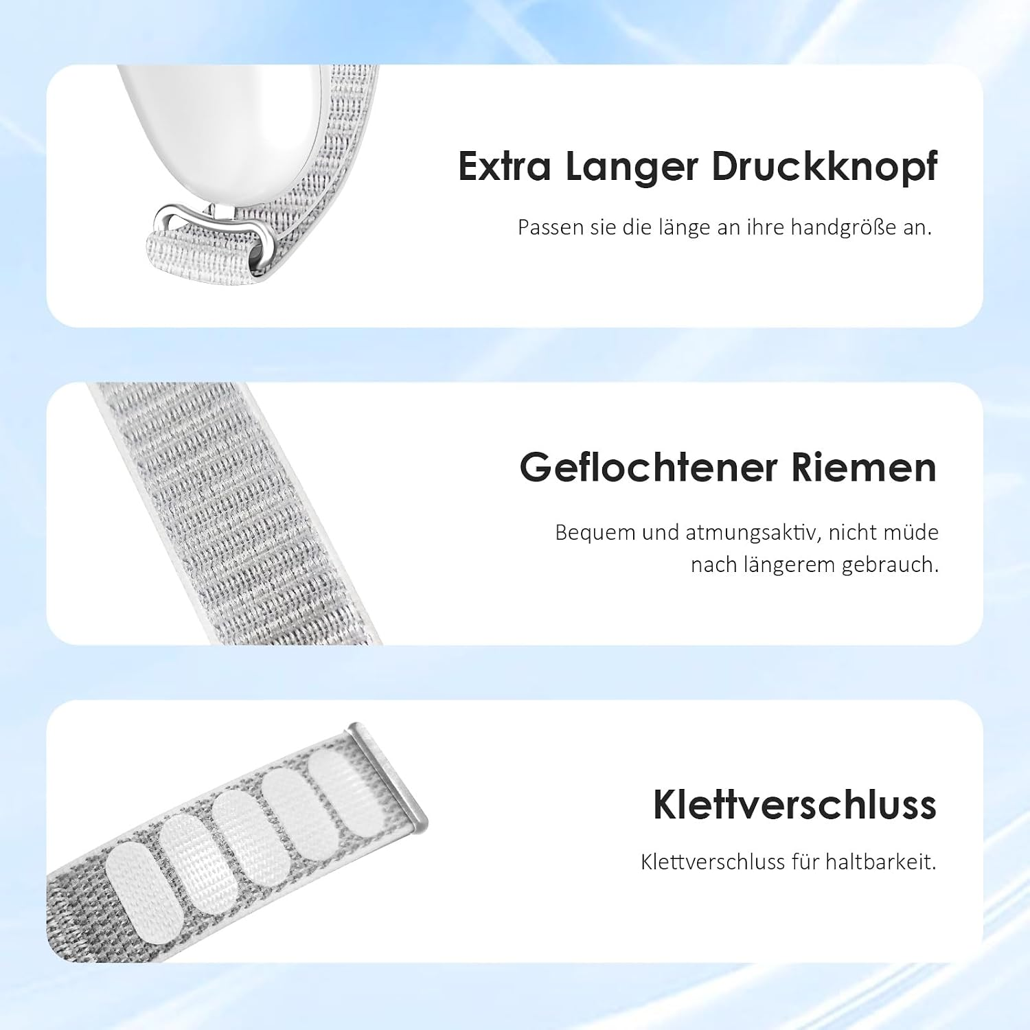 Drei Produktbilder zeigen Details eines grauen geflochtenen Uhrenarmbands mit Klettverschluss und Metallschlaufe.