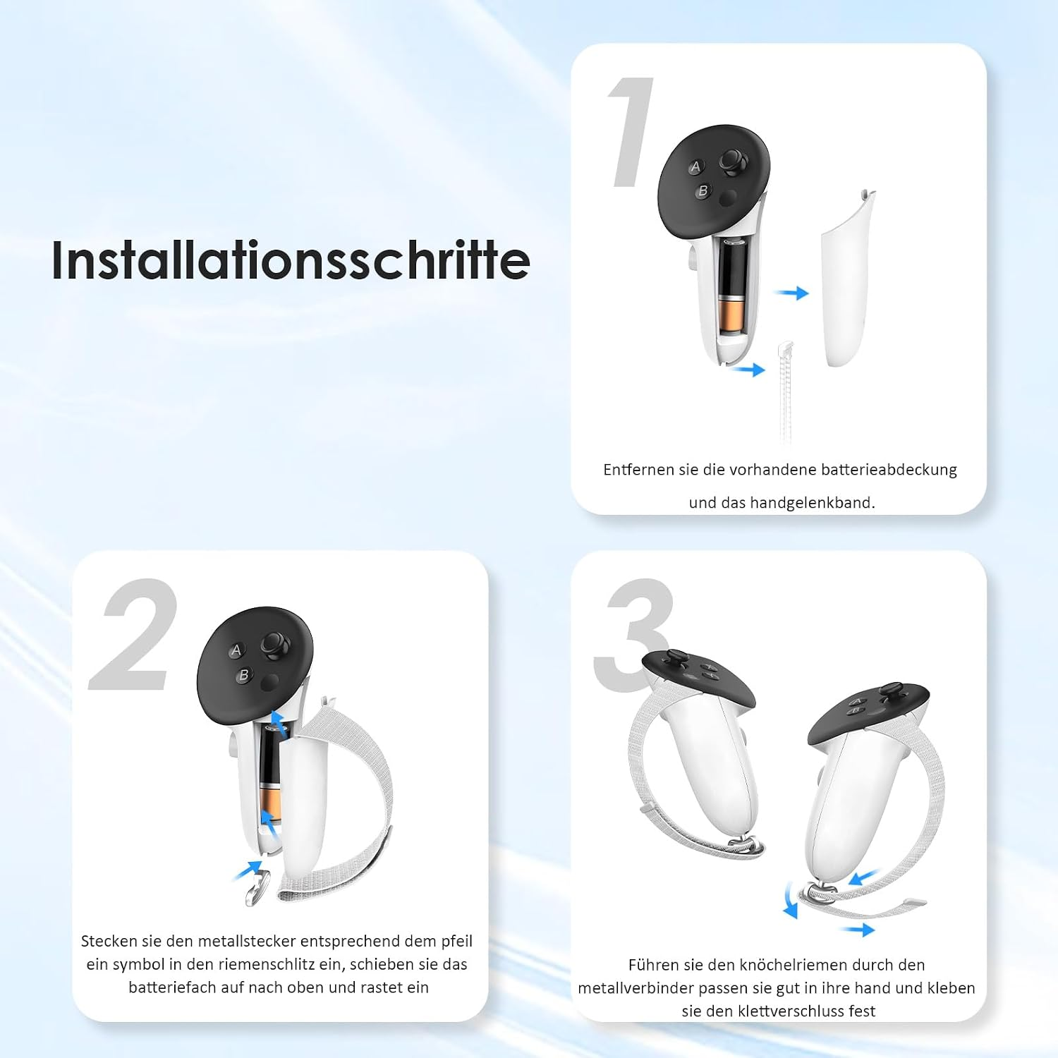 Anleitung in drei Schritten zur Montage von Halterungen an VR-Controllern mit Batteriewechsel.