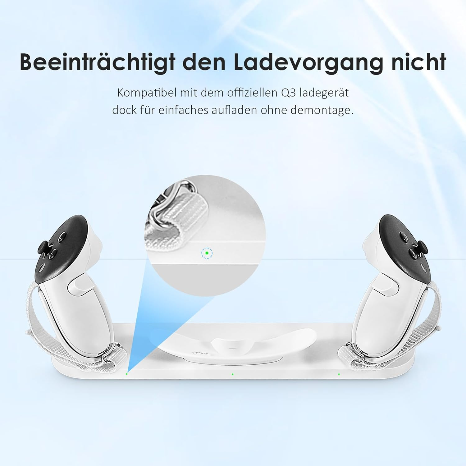 Zwei weiße VR-Controller auf einer Ladestation mit German text darüber.