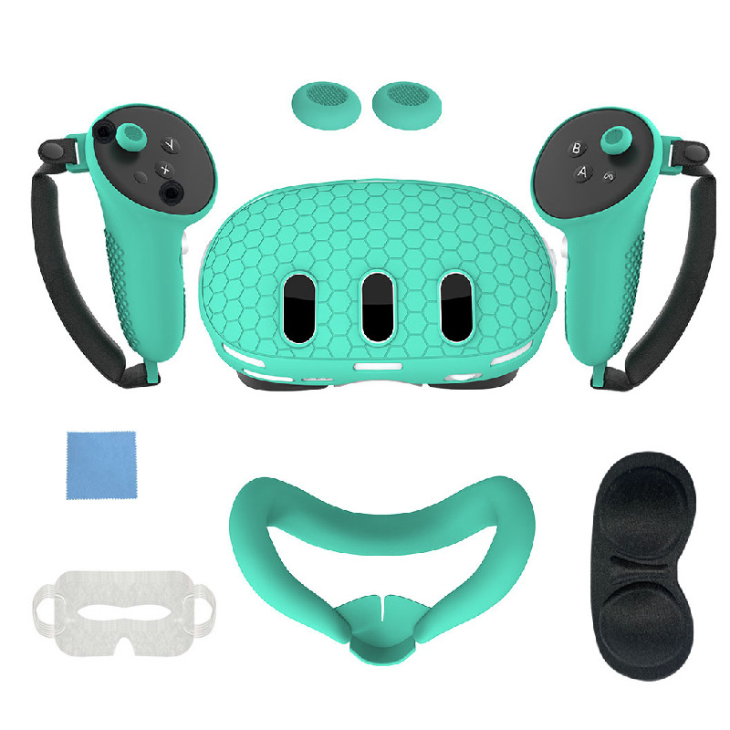 Mintgrüne VR-Headset-Abdeckung, Controller, Griffe, Gesichtskissen, Linsenkappe, Tuch und Maske.