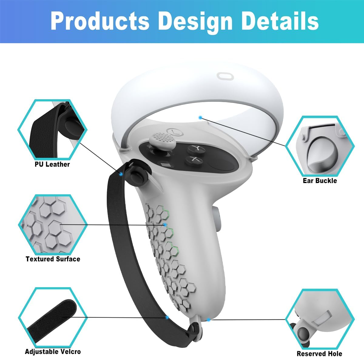 Diagramm zeigt VR-Controller-Designdetails mit Textur, PU-Leder, Klettverschluss, Öse und Schnalle.