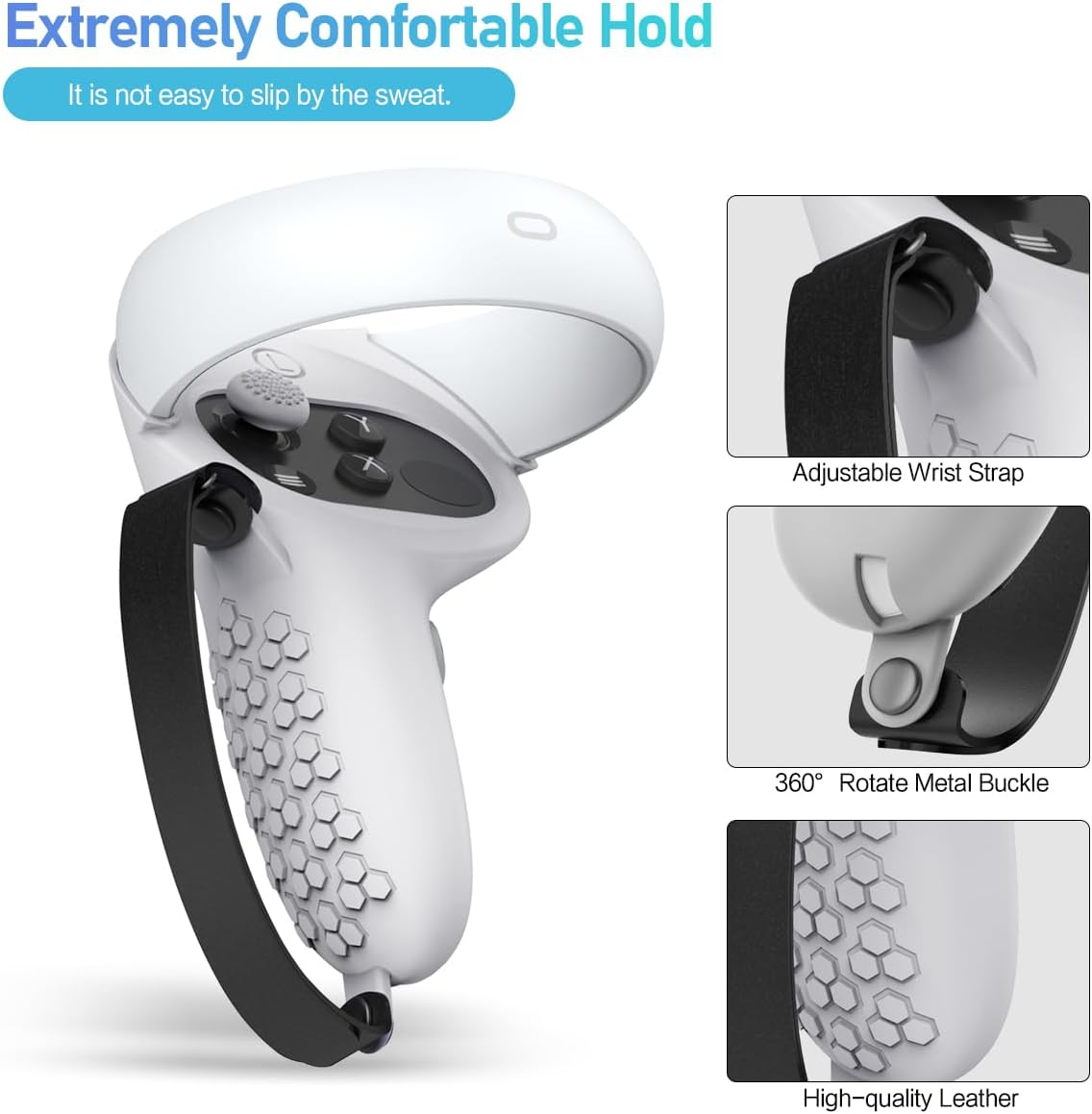 Weißer VR-Controller mit verstellbarem Gurt, Metallschnalle und strukturierter Lederhülle für optimalen Halt.