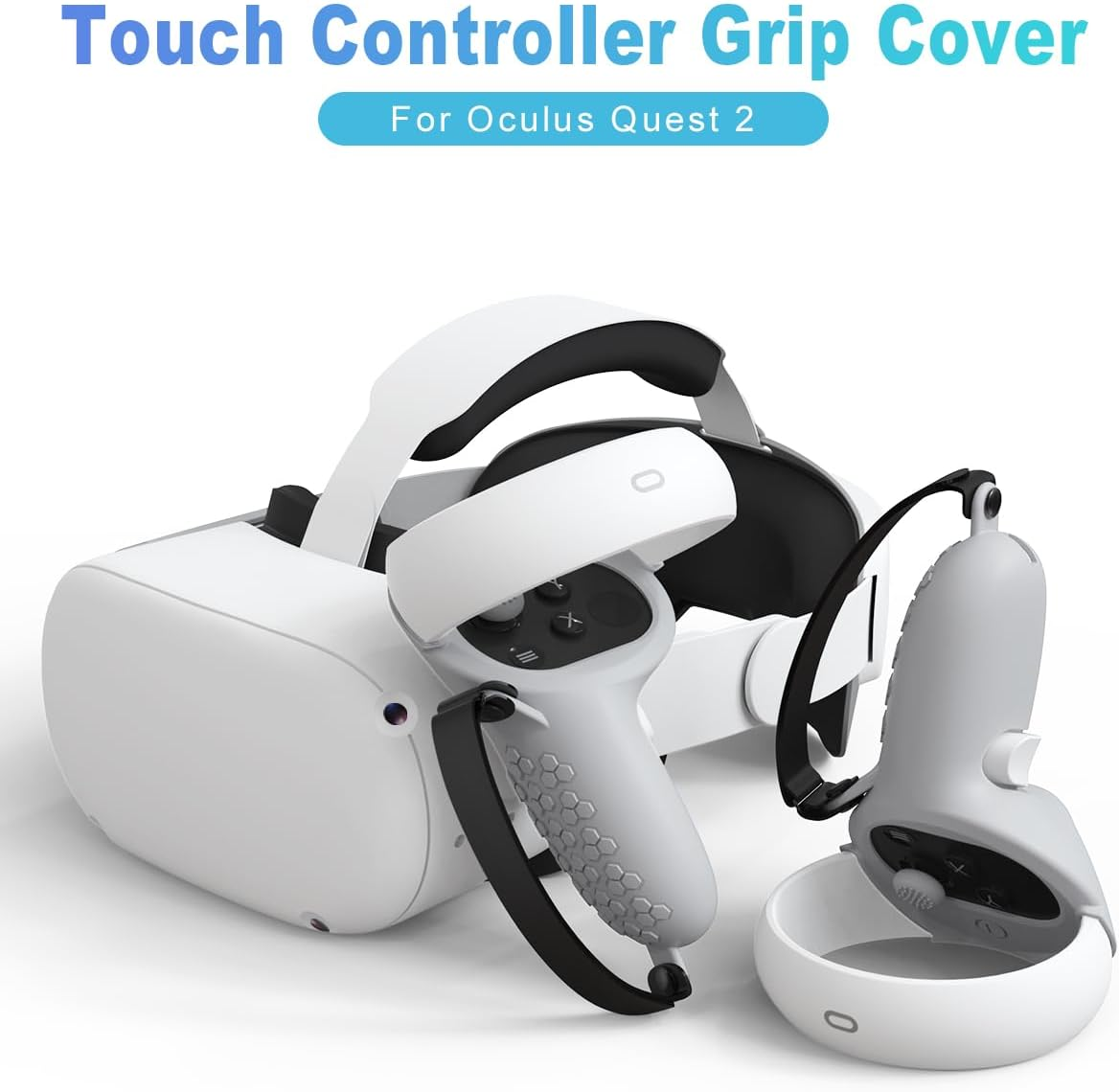 Weiße Oculus Quest 2 VR-Headset und Touch-Controller mit schwarzen Grip-Abdeckungen.