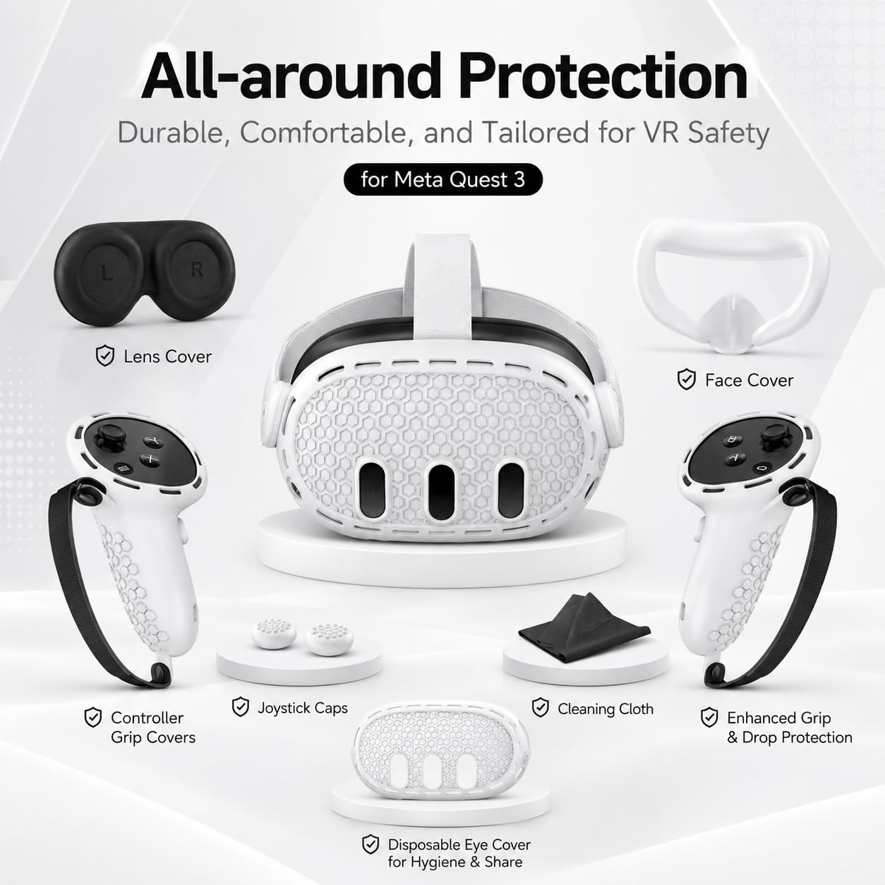 VR-Zubehör für Meta Quest 3 inklusive Headset, Controller, Linsen- und Gesichtsabdeckungen, Griffe, Kappen und Tuch.