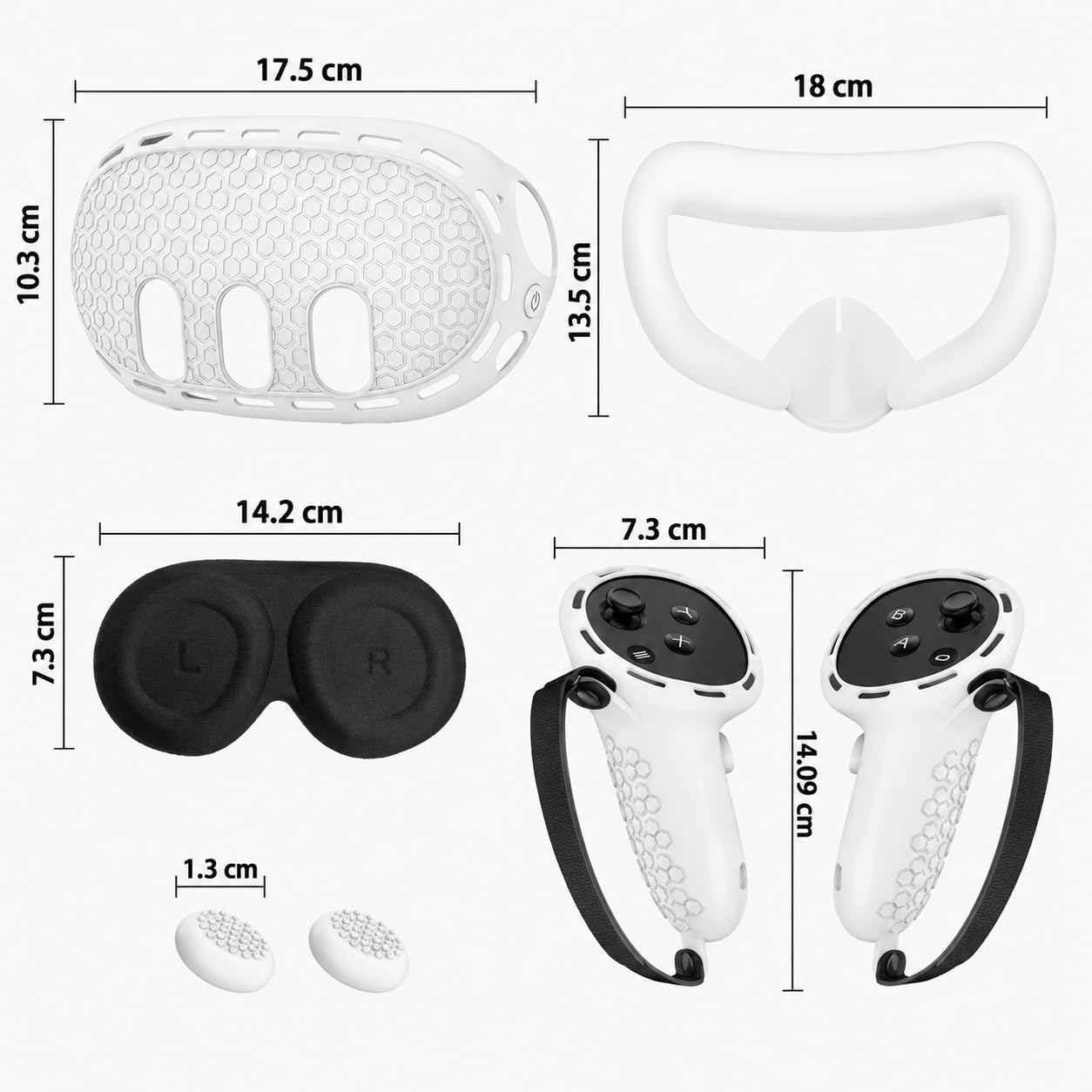 Diagramm zeigt VR-Headset-Zubehör mit Abmessungen in Zentimetern.