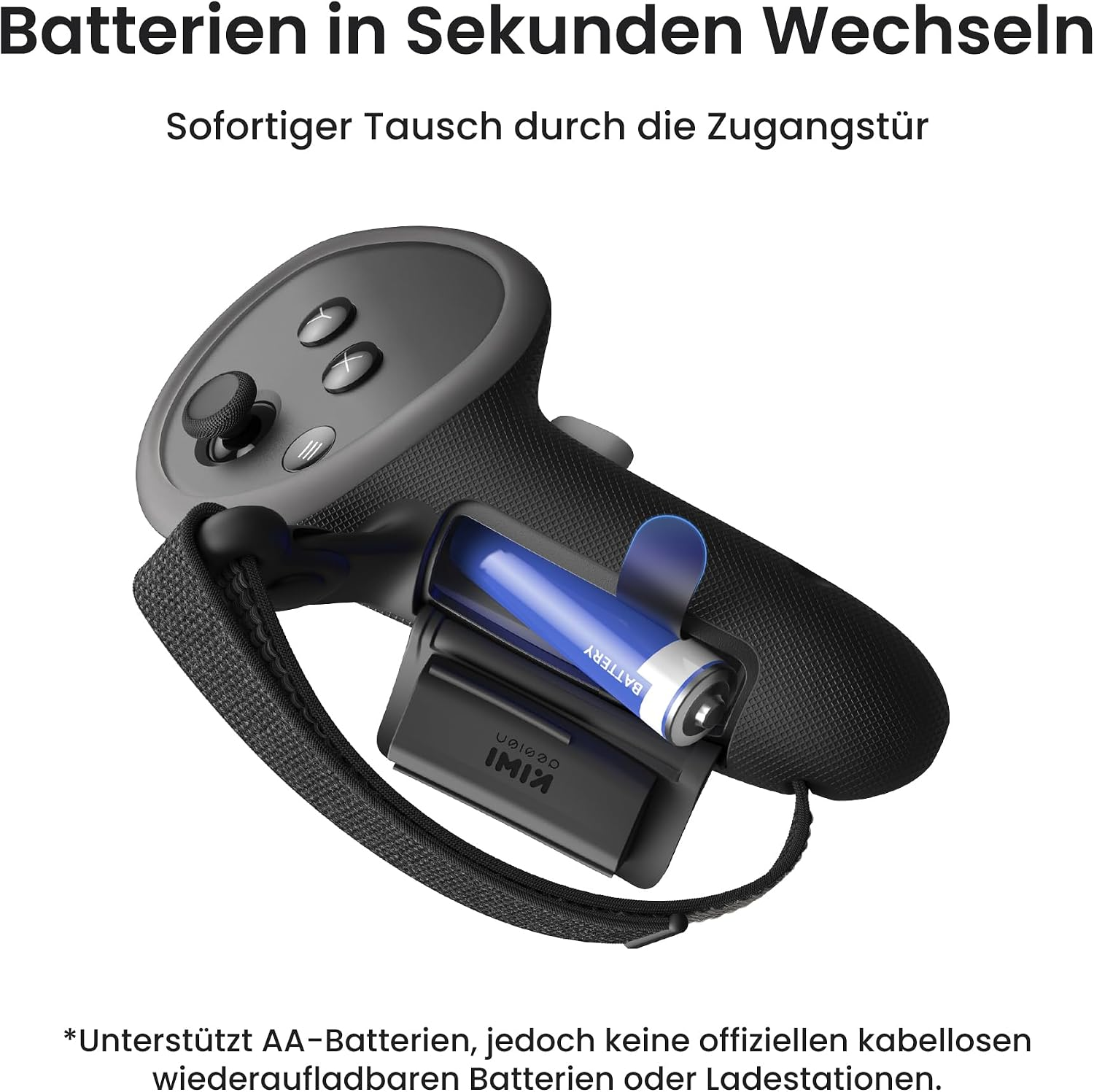Schwarzer VR-Controller mit geöffnetem Batteriefach und sichtbarer AA-Batterie.