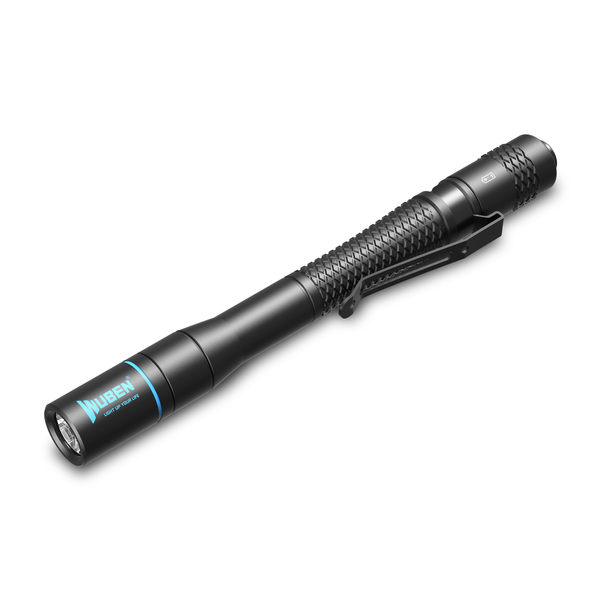 Eine schwarze Wuben-Taschenlampe mit Clip und strukturierter Grifffläche liegt auf weißem Hintergrund.