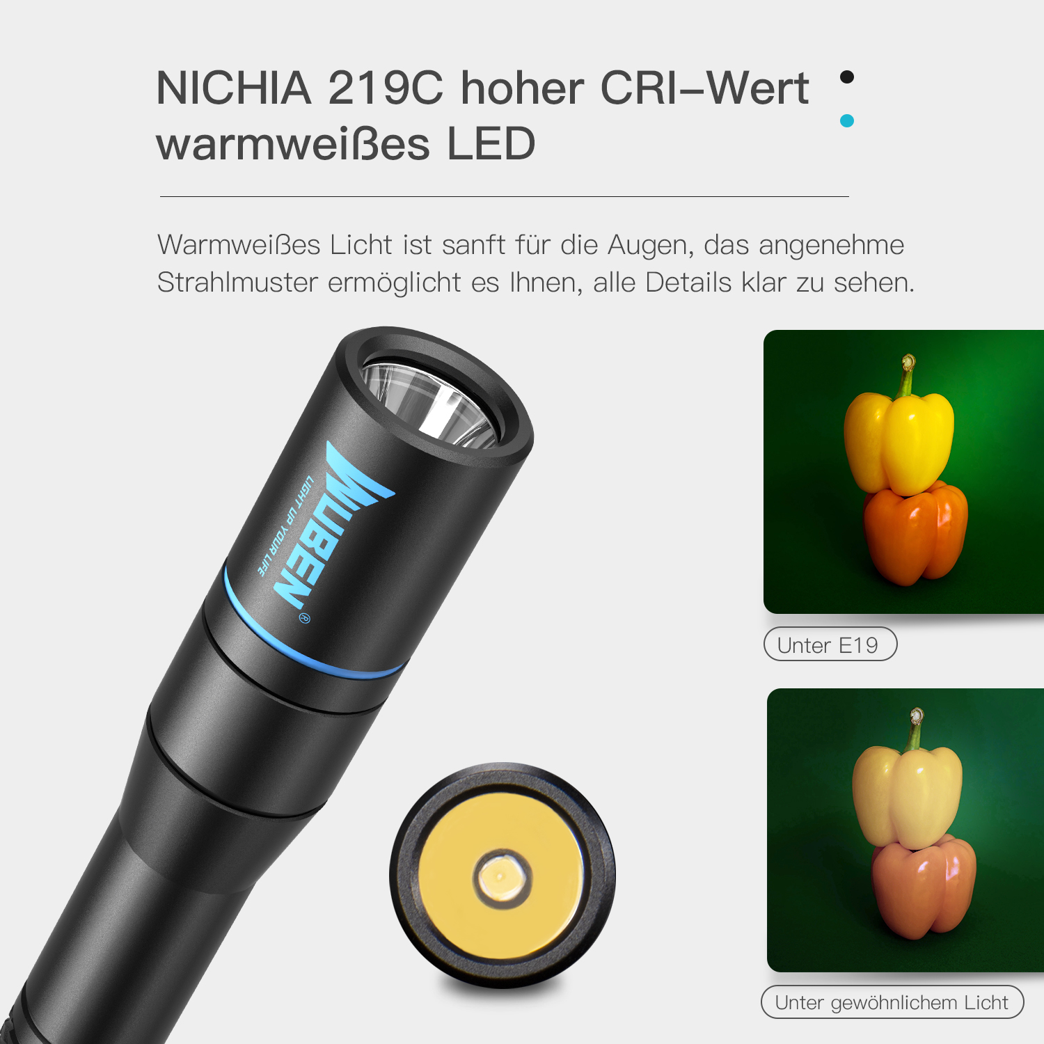 Wuben-Taschenlampe mit warmweißem LED-Licht und Vergleich von Paprikas bei verschiedenem Licht.