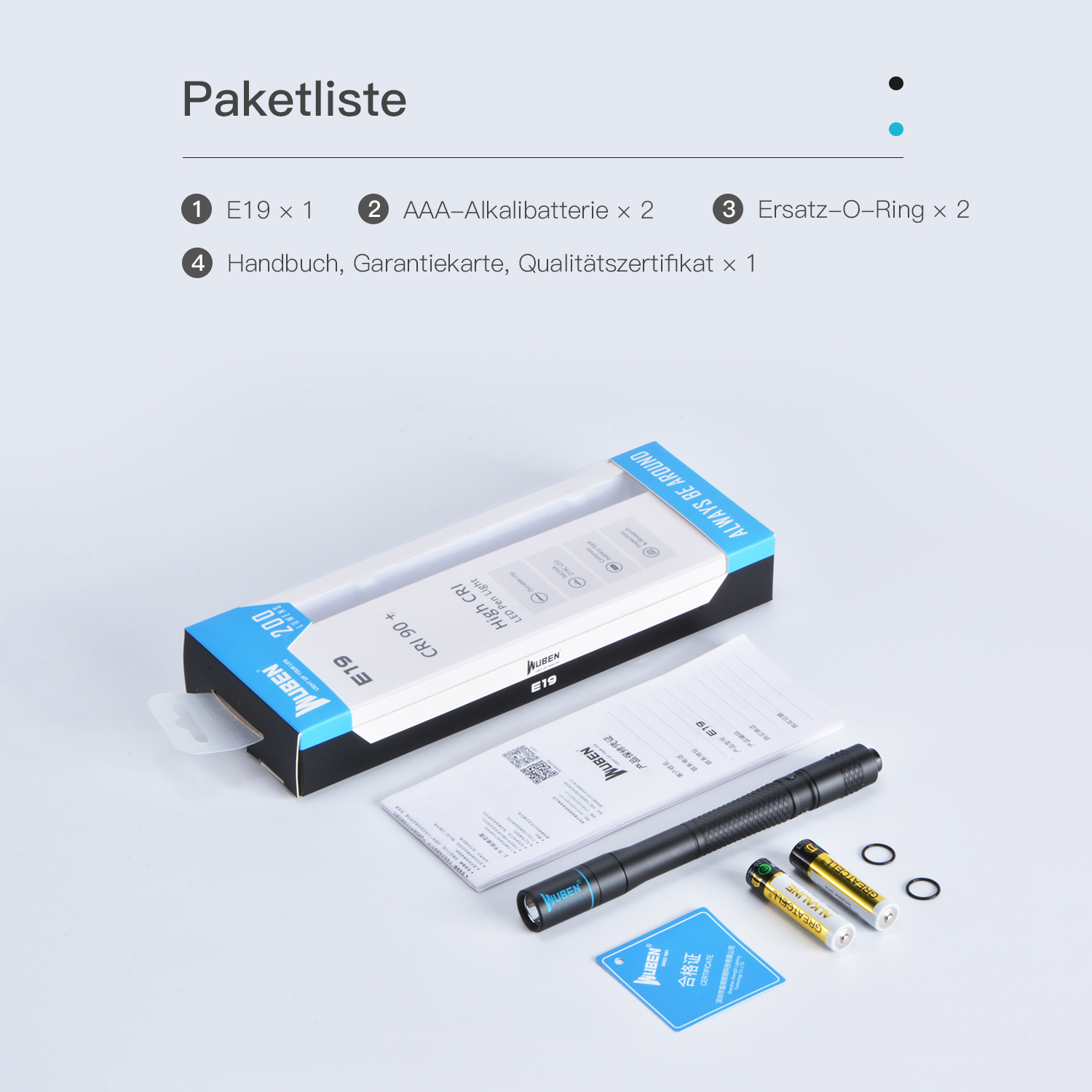 Paketliste zeigt eine Wuben E19 LED Stiftleuchte mit Box, Batterien, O-Ringen und Dokumenten.