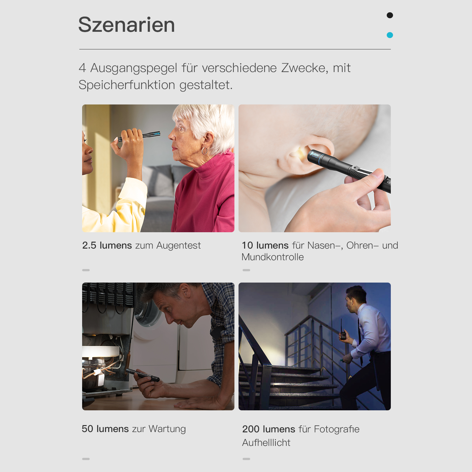 Vier Bilder zeigen Penlights in verschiedenen Szenarien: Augentest, Ohrkontrolle, Gerätewartung und Treppenbeleuchtung.