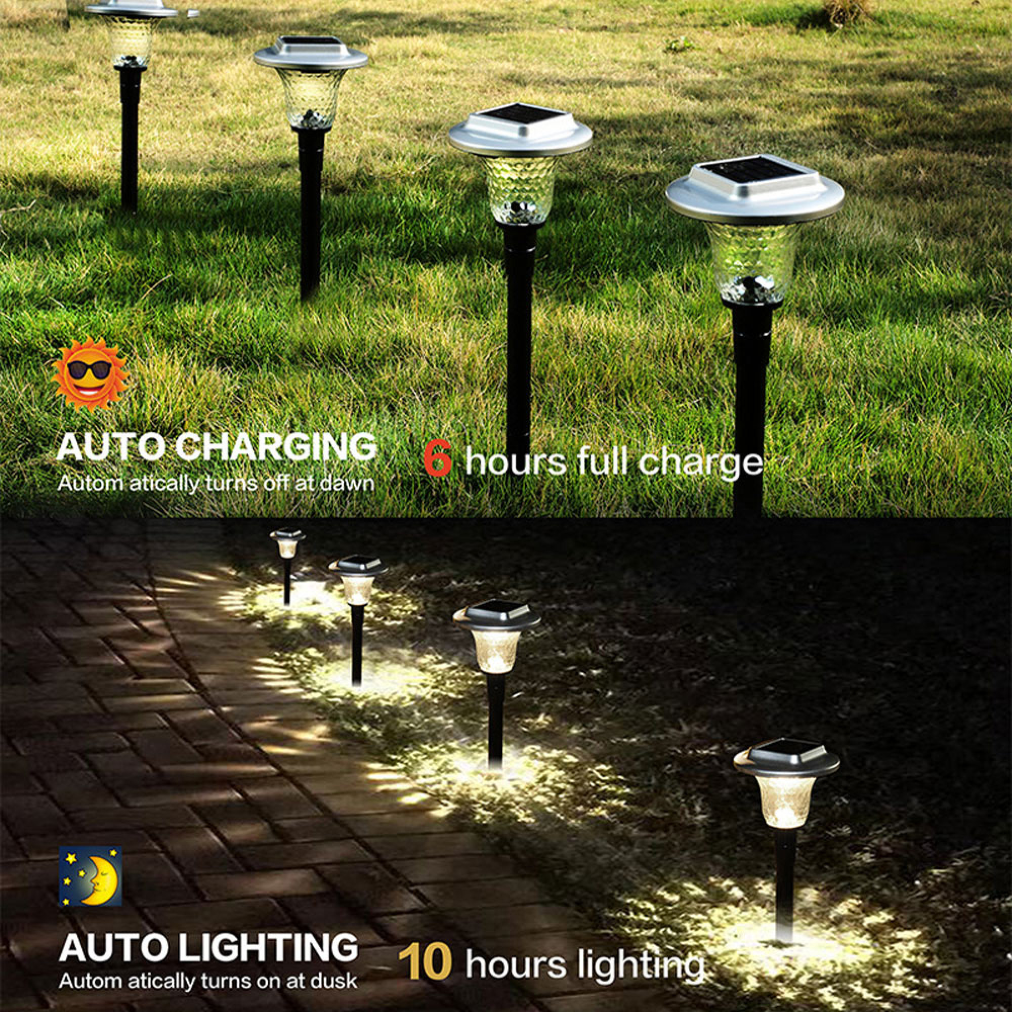 Solar-Gartenleuchten im Rasen, oben bei Tag und unten beleuchtet bei Nacht am Wegrand.