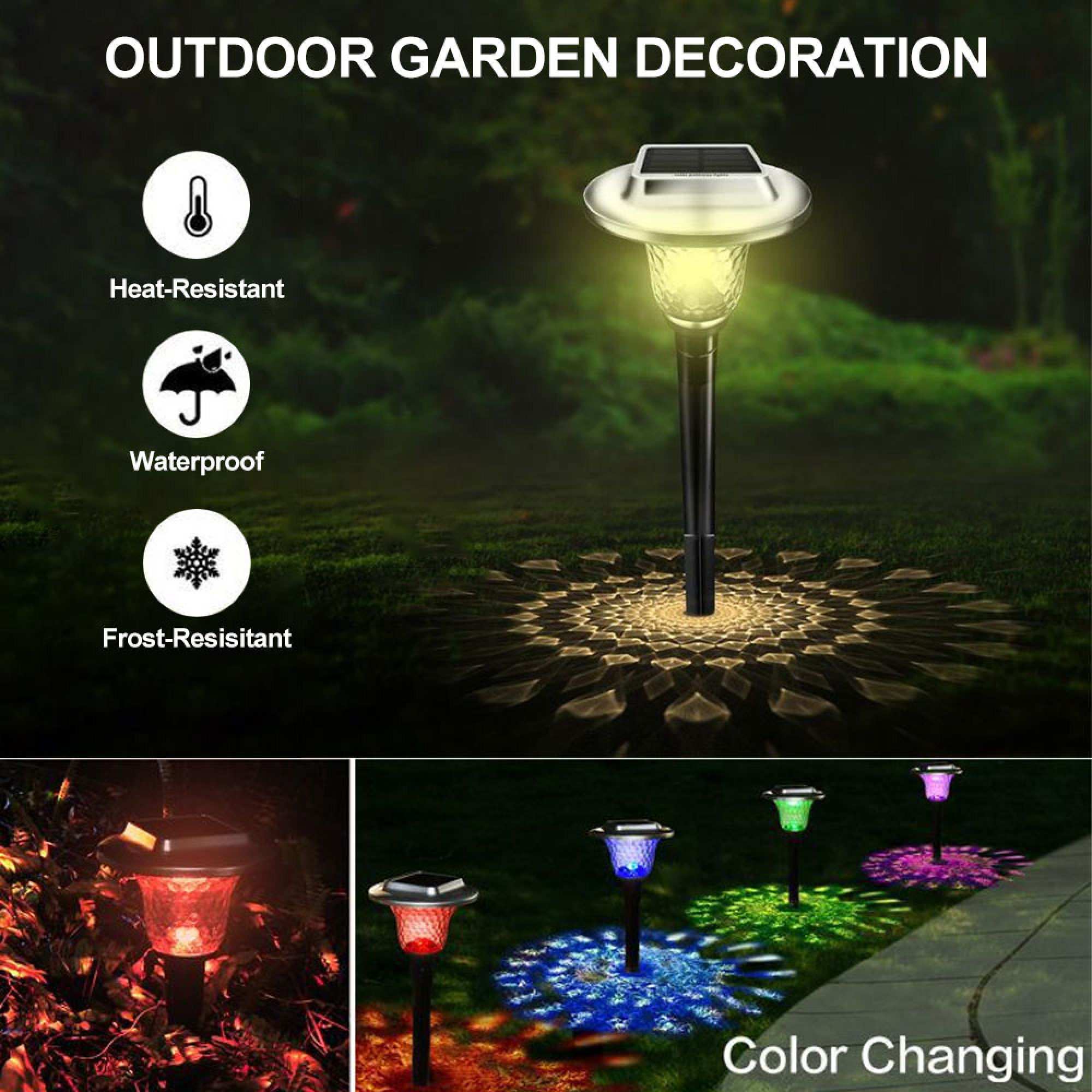 Solar-Gartenleuchte im Freien, wetterfest und farbwechselnd, wirft schöne Muster auf den Boden.
