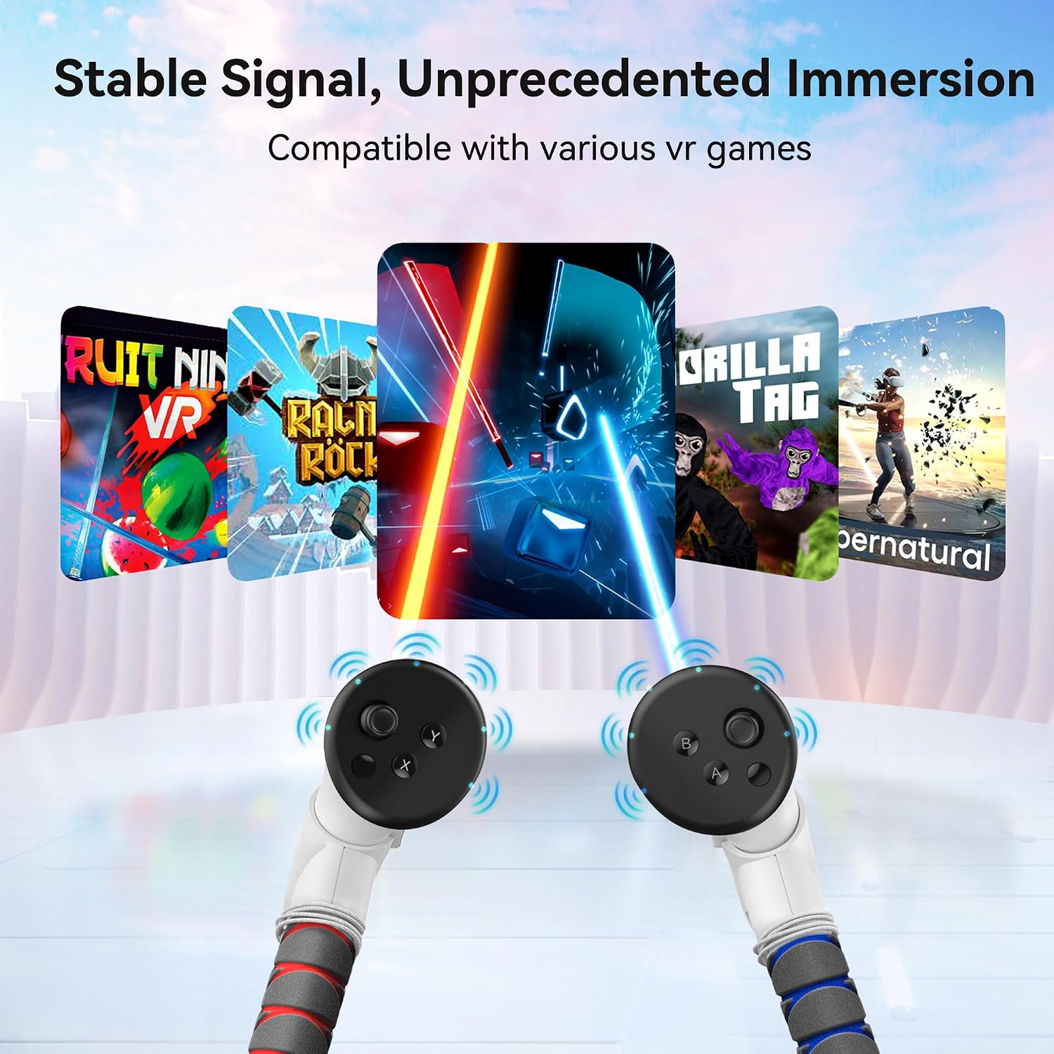 VR-Controller mit verschiedenen VR-Spielen wie Beat Saber im Hintergrund.