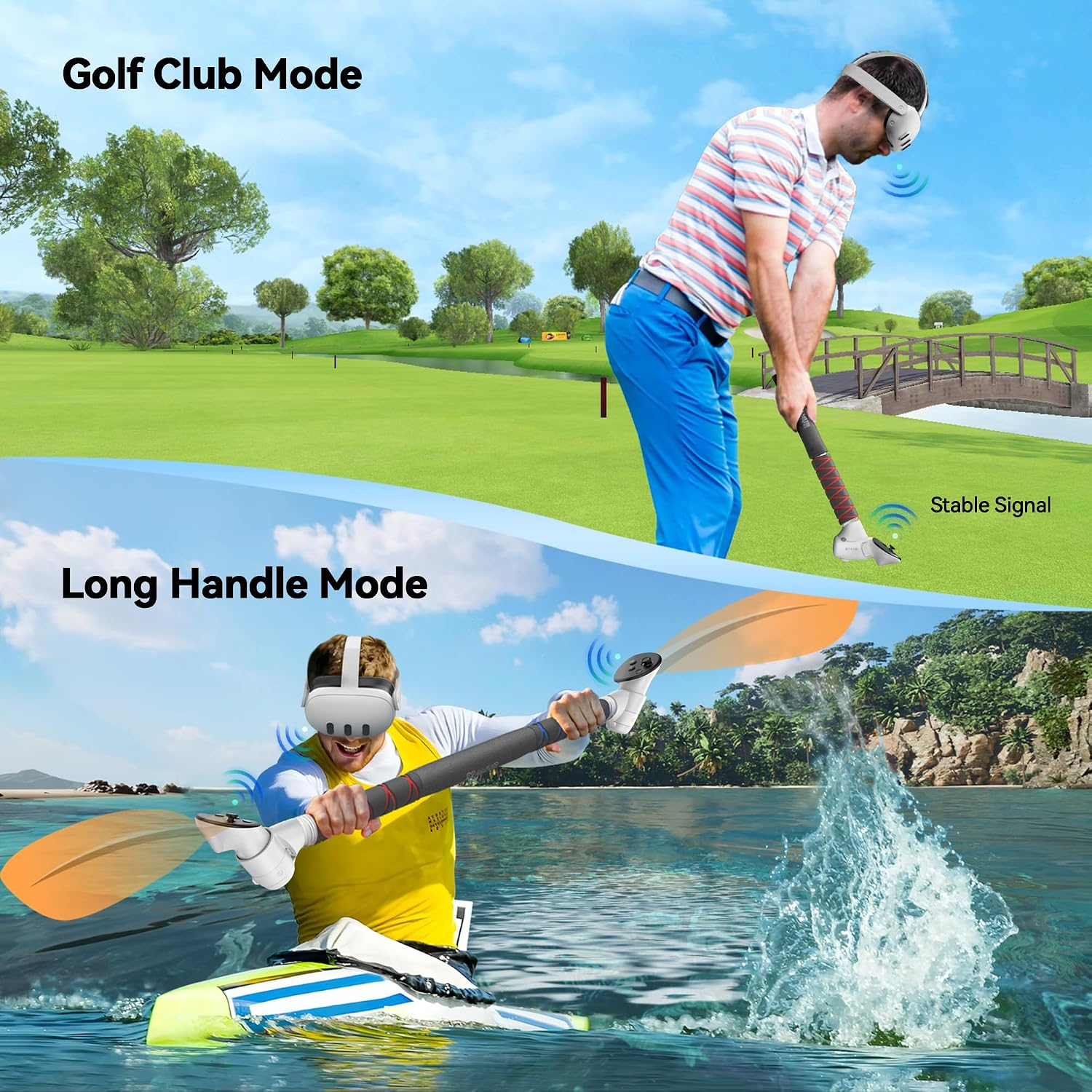 Ein geteiltes Bild zeigt einen Mann, der virtuelles Golf spielt, und einen anderen beim Kajakfahren mit VR-Brille.