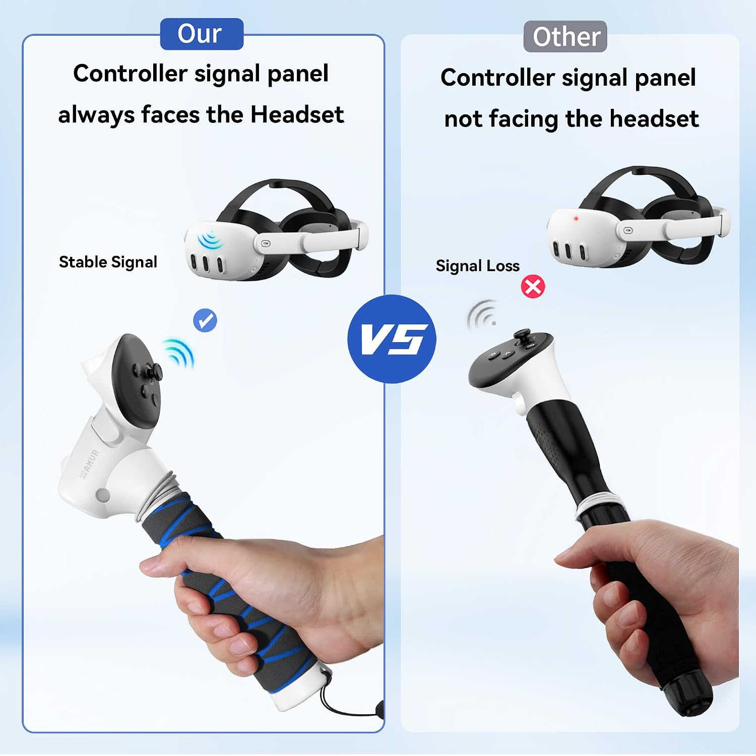Vergleich zweier VR-Controller-Griffe: Einer hält das Signal stabil, der andere zeigt Signalverlust.