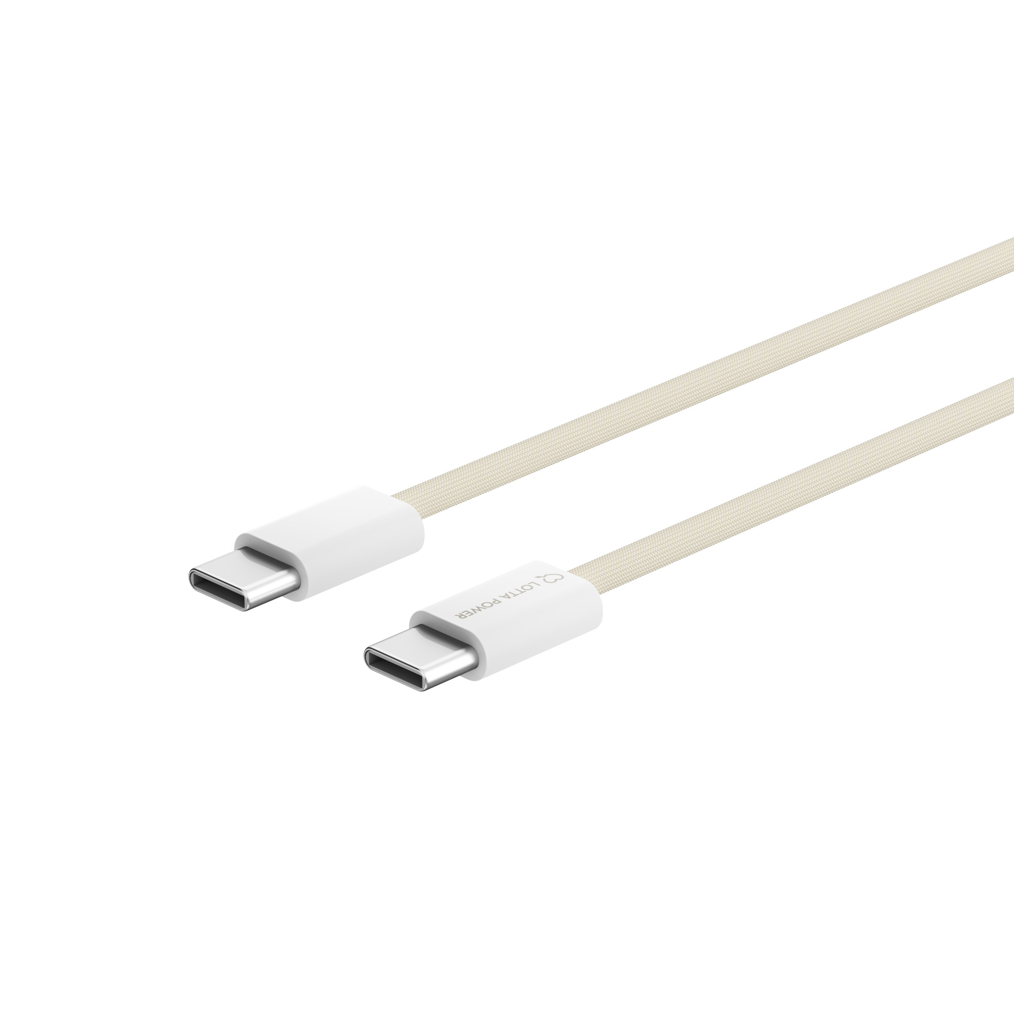 Ein beiges, geflochtenes USB-C-Kabel mit weißen Anschlüssen vor weißem Hintergrund.