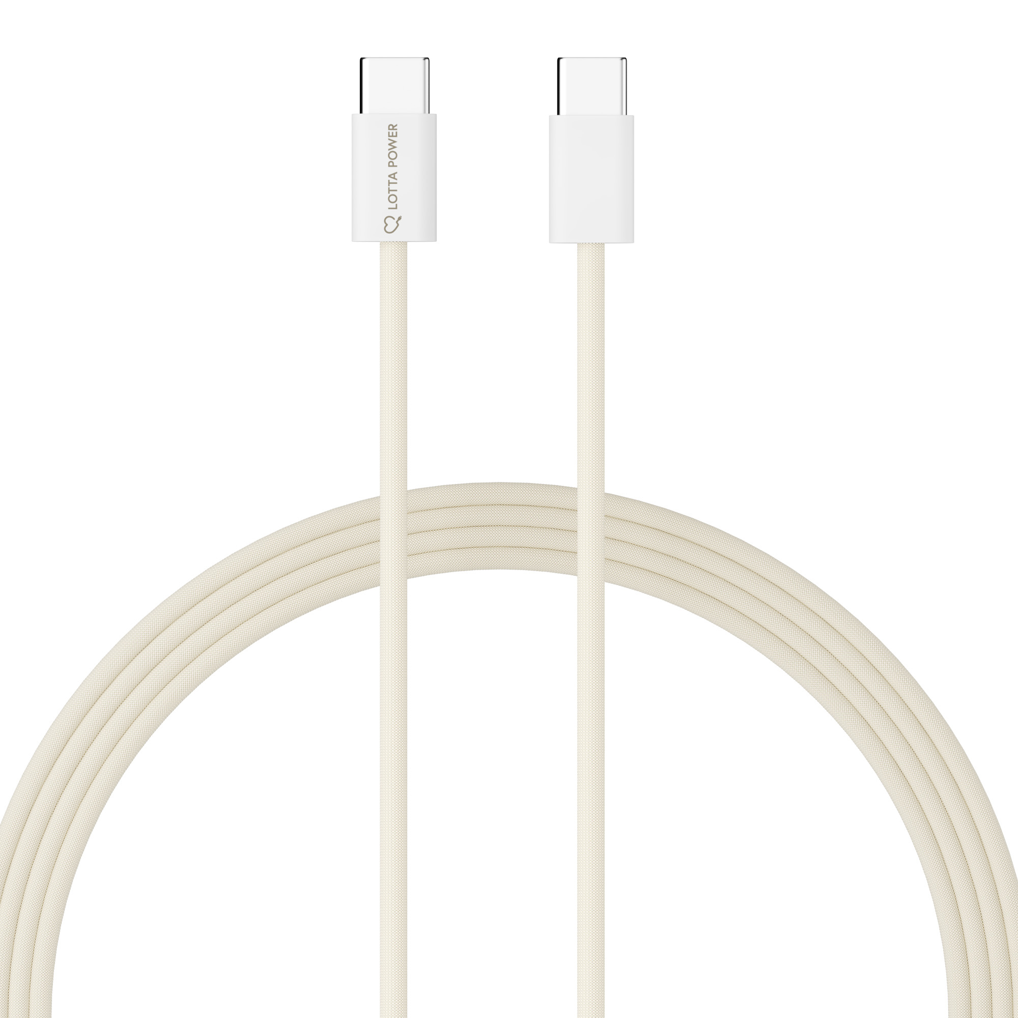 Zwei beige USB-C-Kabel mit weißen Steckern auf weißem Hintergrund.